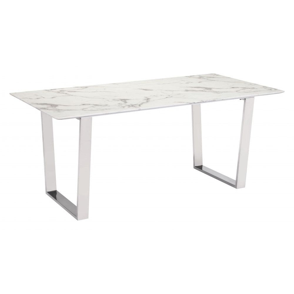 Atlas Dining Table Zuo 100707 | Faux Marble Composite Stone, Brushed Stainless Steel | White & Silver