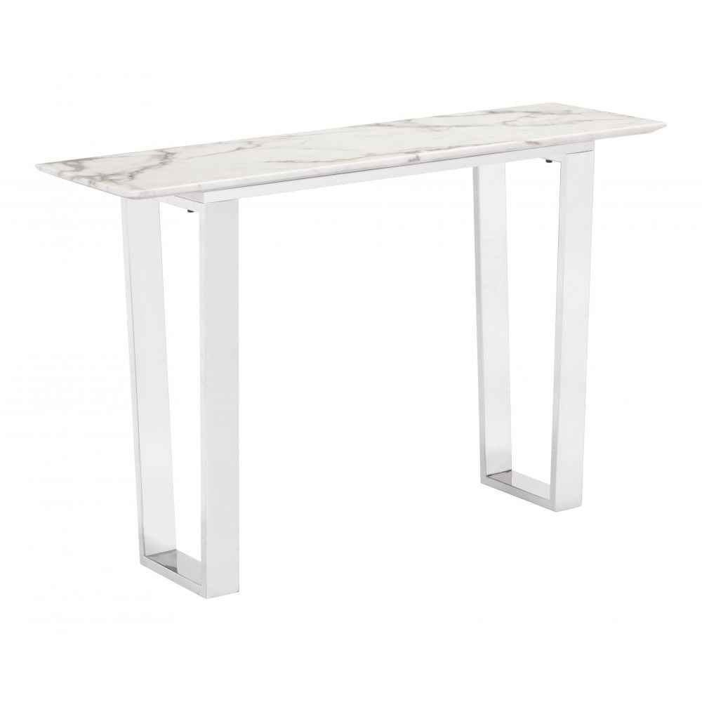 Atlas Console Table Zuo 100709 | Faux Marble Composite Stone, Brushed Stainless Steel | White & Silver