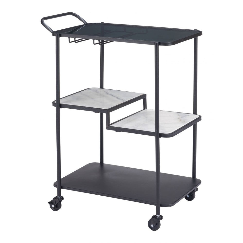 Constanza Bar Cart Zuo 109845 | Tinted Tempered Glass, Natural, Marble, Painted Steel | Black