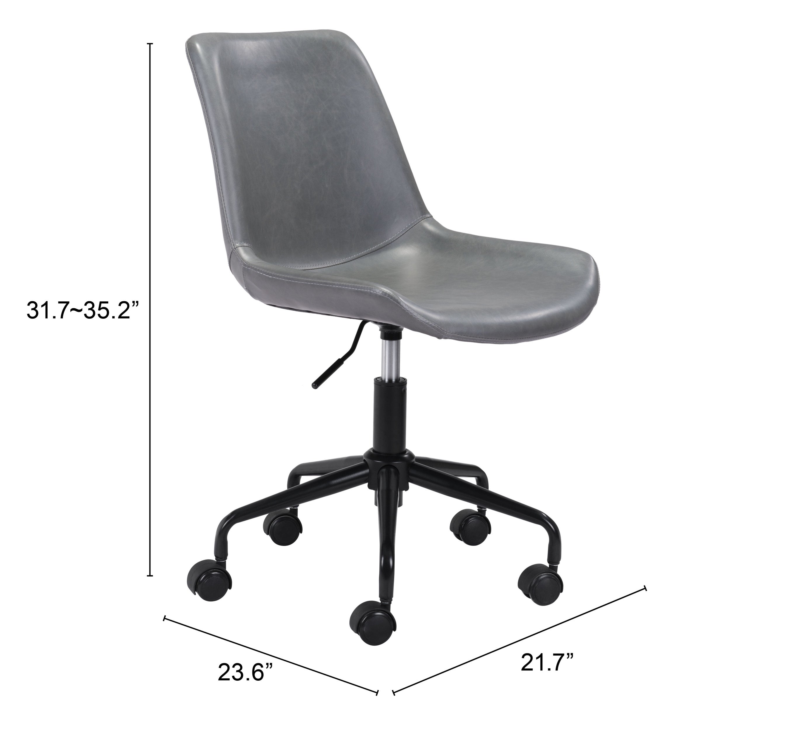 ZUO Byron Mid-Century Office Chair — Gray Faux Leather, Adjustable Height, Black Powder Coated Steel