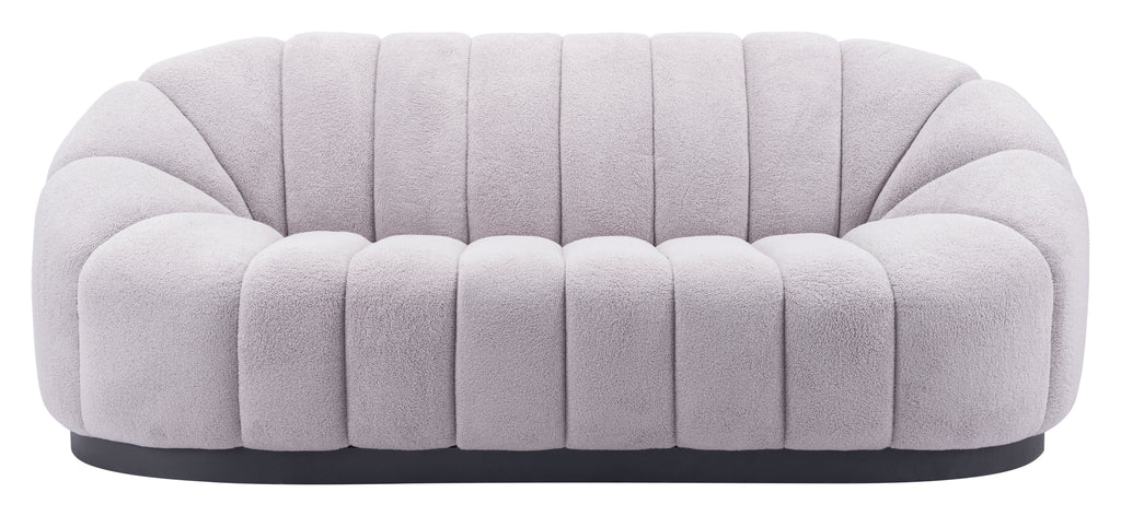 ZUO Bhutan Sofa — Light Gray Shearling Fabric, 84.6" Glam Modern, Black Steel Base, 440 lb Capacity