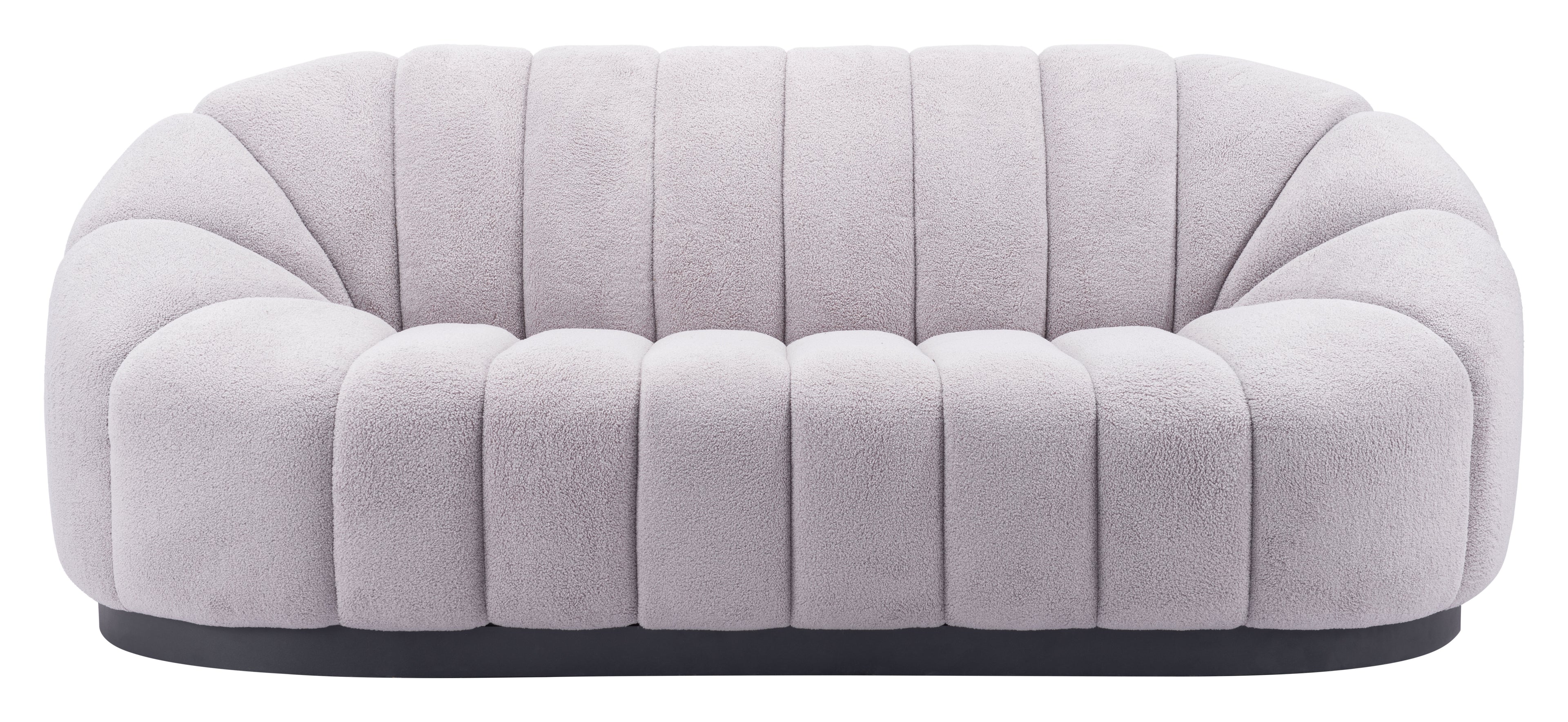 ZUO Bhutan Sofa — Light Gray Shearling Fabric, 84.6" Glam Modern, Black Steel Base, 440 lb Capacity