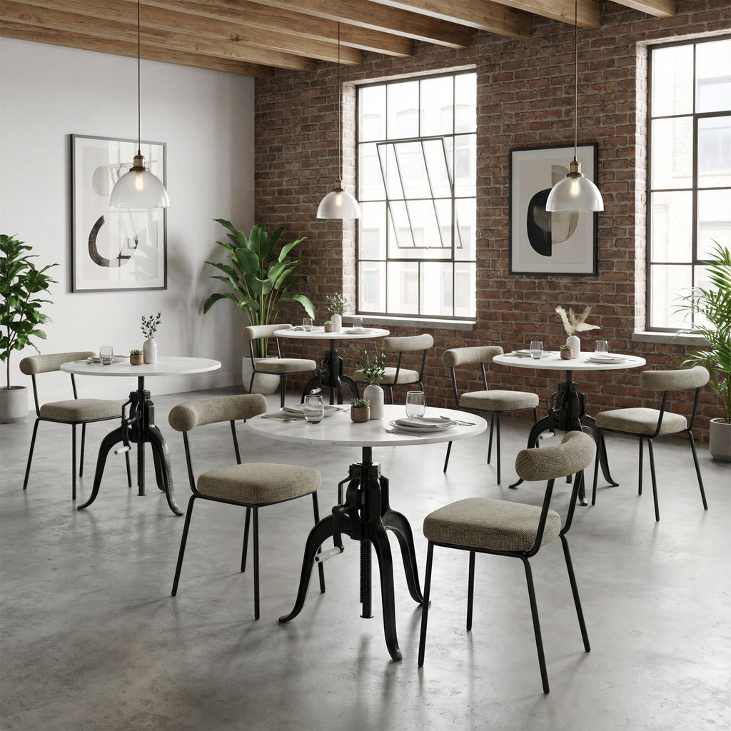ZUO Mufid Bistro Table — Natural Marble Top, Adjustable Height, Black Iron Base