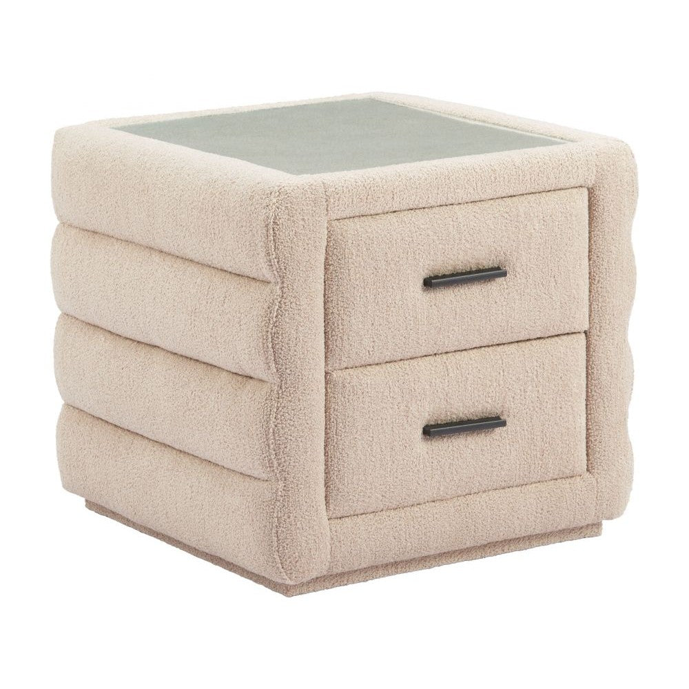 Soffice Nightstand Zuo 110651 | Shearling Style Polyester Fabric, Tempered Glass, MDF | Beige