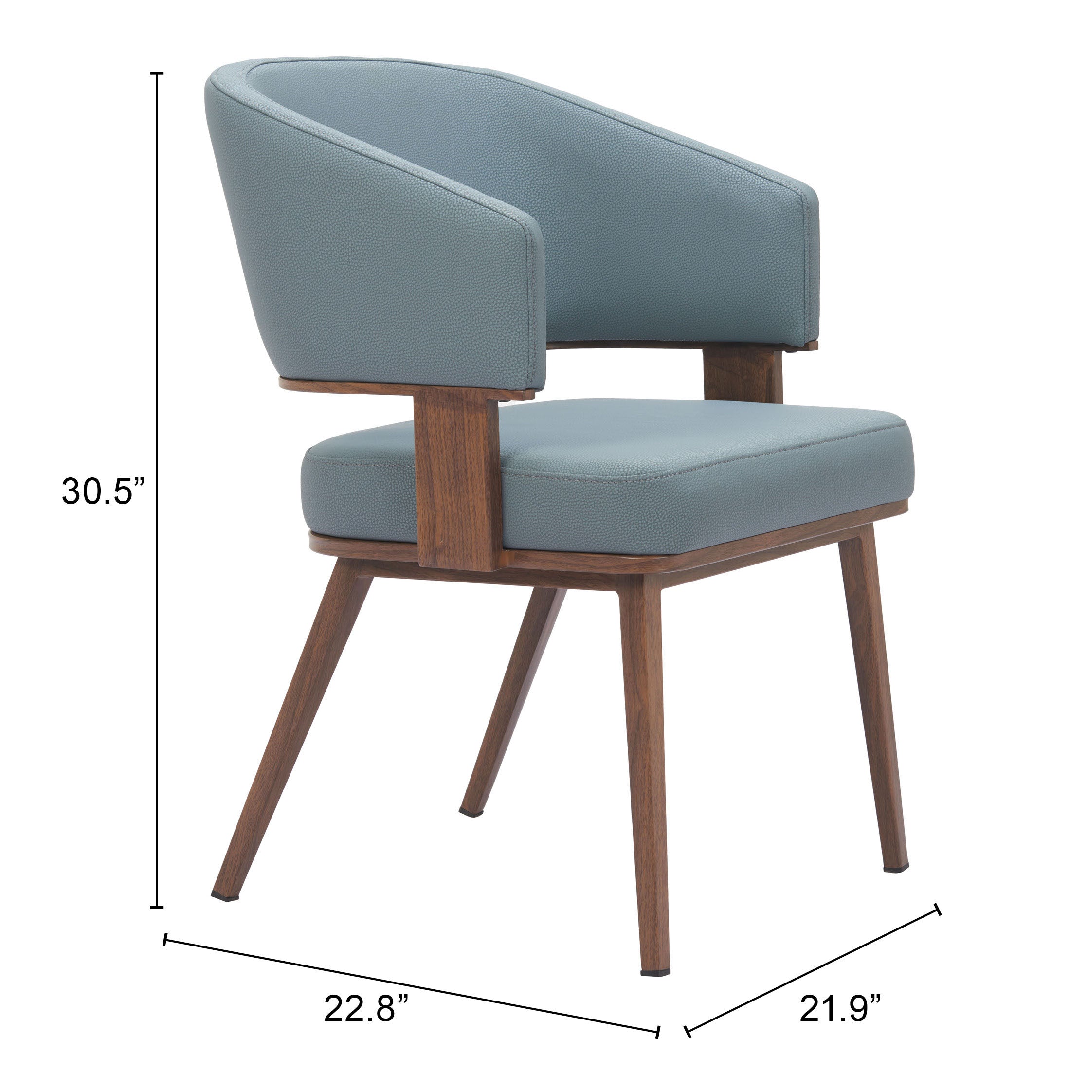 ZUO Poise Dining Chair — Azure Gray Faux Leather, Walnut Steel Frame, 330 lb Capacity