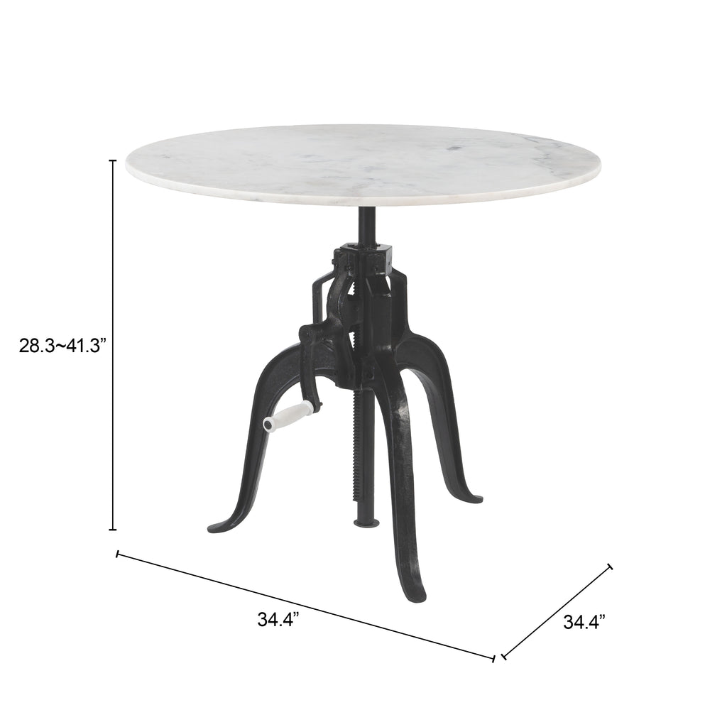 ZUO Mufid Bistro Table — Natural Marble Top, Adjustable Height, Black Iron Base