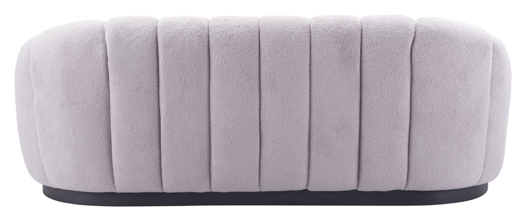 ZUO Bhutan Sofa — Light Gray Shearling Fabric, 84.6" Glam Modern, Black Steel Base, 440 lb Capacity