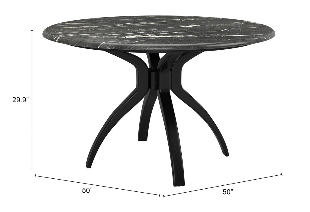 ZUO Sumay Round Dining Table — Black Faux Marble HPL Top, 50" Diameter, Painted Steel Base