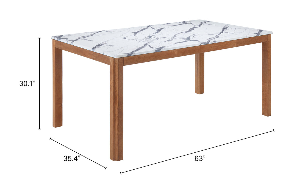 ZUO Jemy Dining Table — White Faux Marble Top, 63" Rubberwood, Seats 6