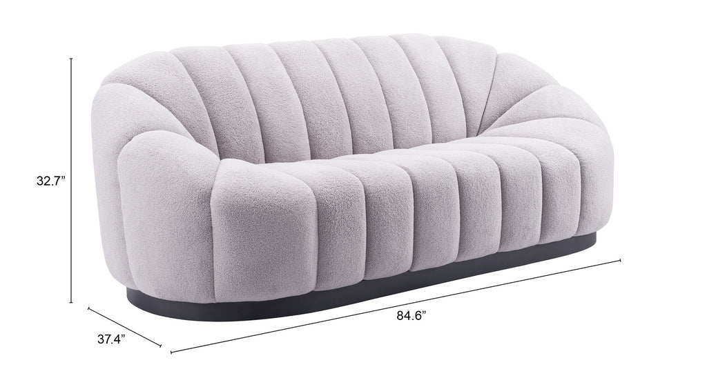 ZUO Bhutan Sofa — Light Gray Shearling Fabric, 84.6" Glam Modern, Black Steel Base, 440 lb Capacity