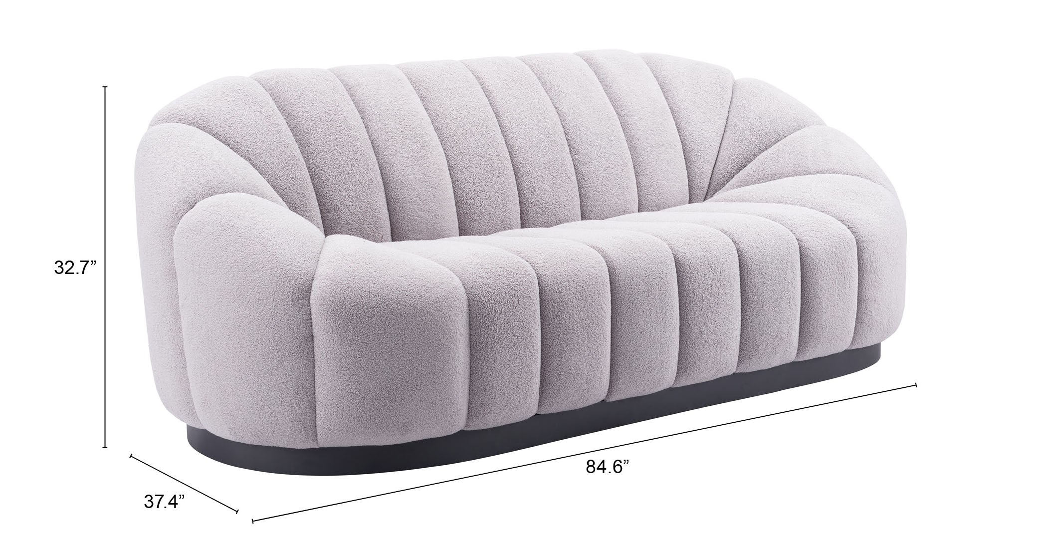 ZUO Bhutan Sofa — Light Gray Shearling Fabric, 84.6" Glam Modern, Black Steel Base, 440 lb Capacity