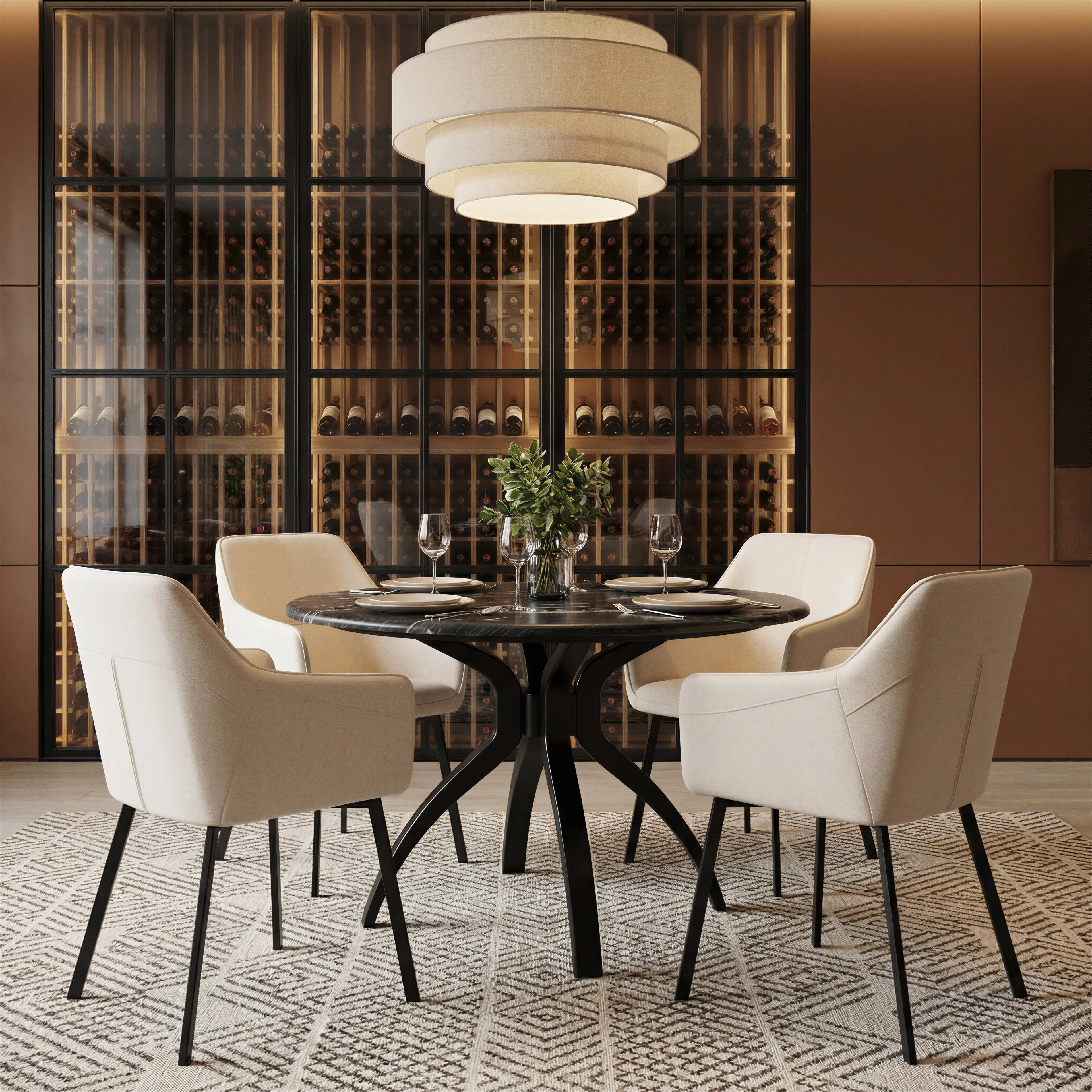 ZUO Sumay Round Dining Table — Black Faux Marble HPL Top, 50" Diameter, Painted Steel Base