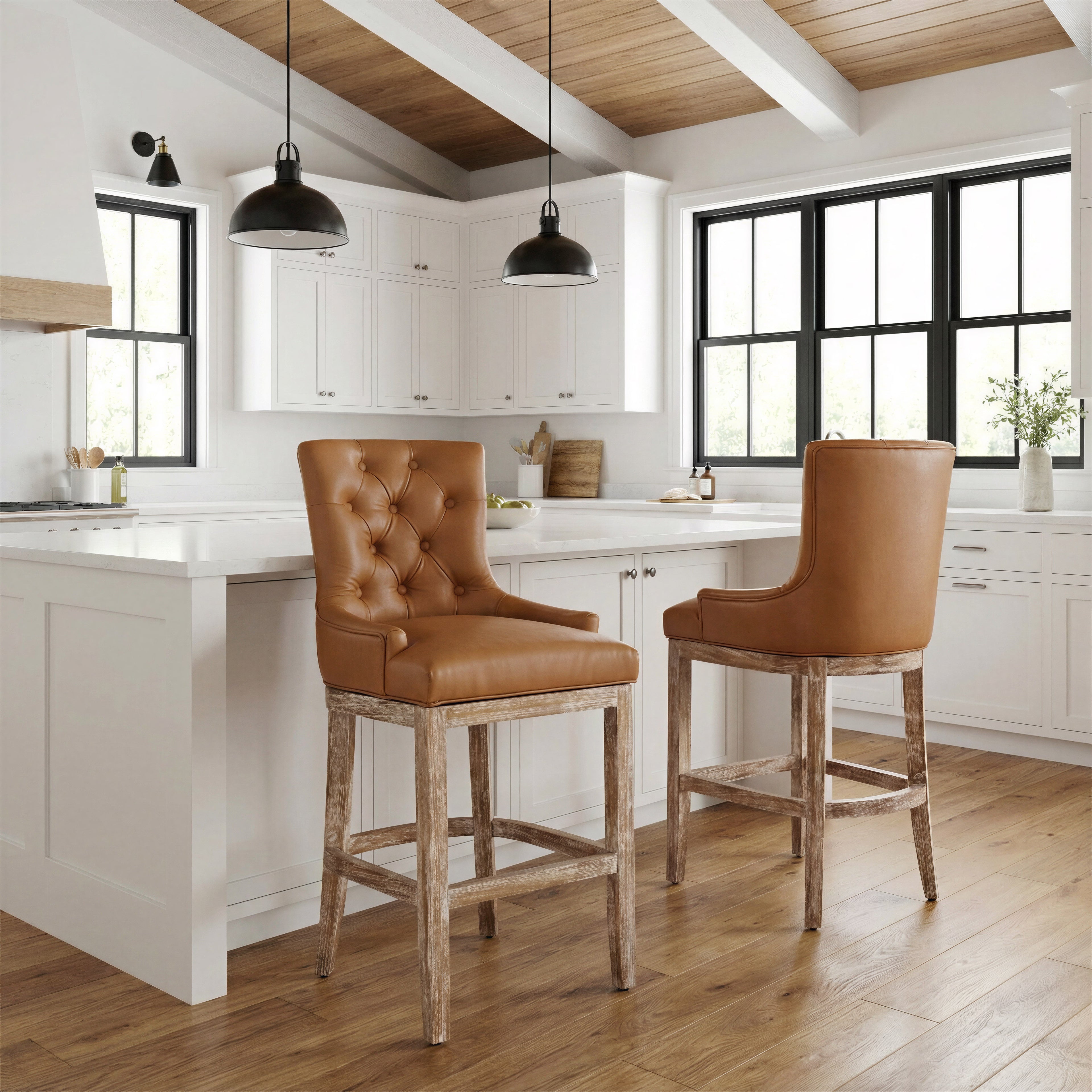 ZUO Nuby Swivel Barstool — Brown Faux Leather, Natural Poplar Wood Legs, 330 lb Capacity