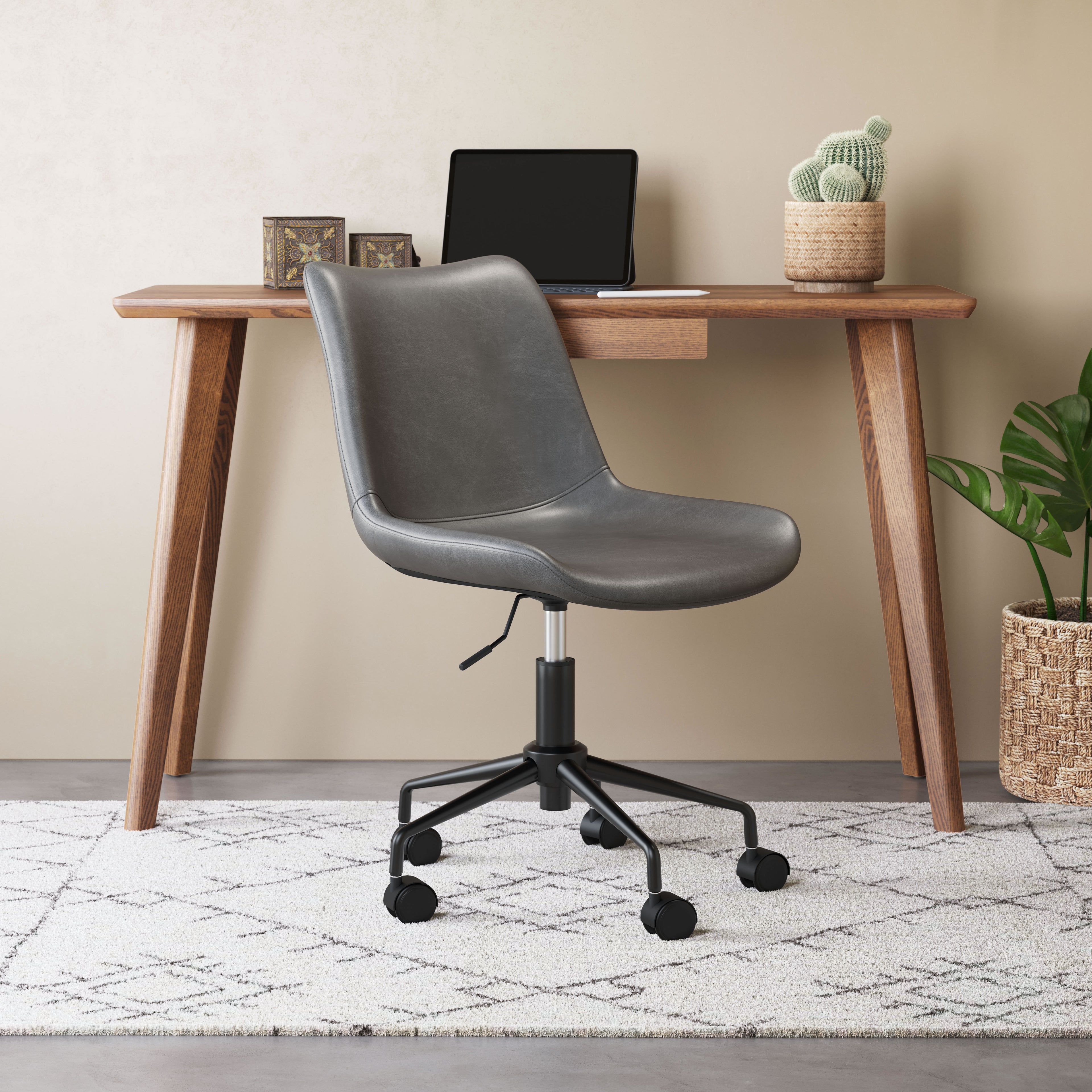ZUO Byron Mid-Century Office Chair — Gray Faux Leather, Adjustable Height, Black Powder Coated Steel