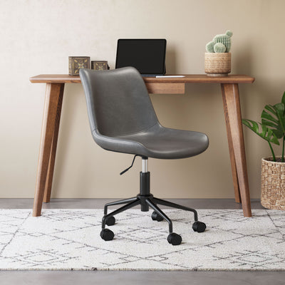 ZUO Byron Mid-Century Office Chair — Gray Faux Leather, Adjustable Height, Black Powder Coated Steel