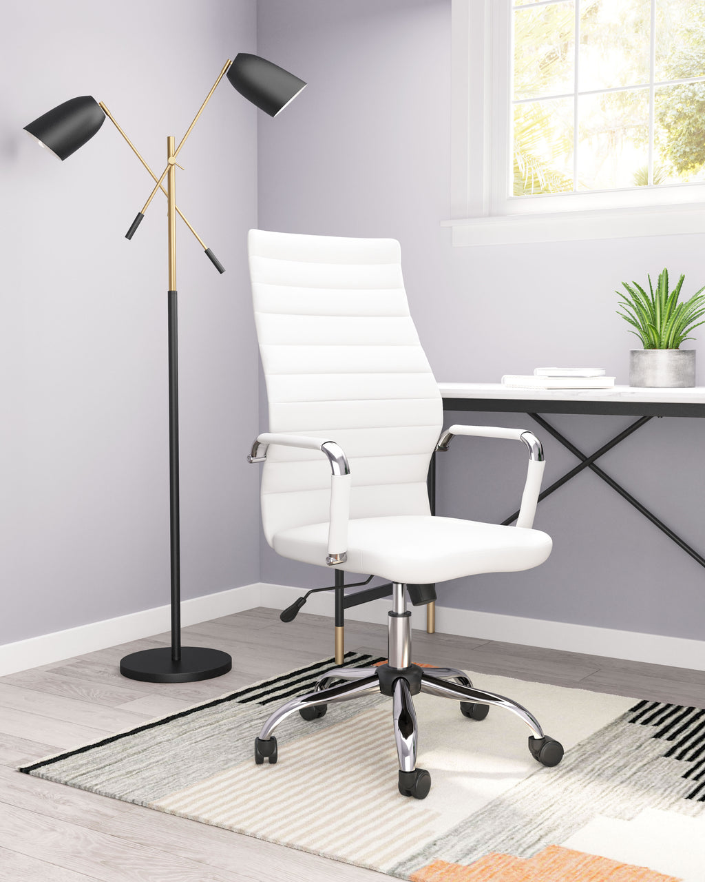 ZUO Primero High Back Office Chair — White Faux Leather, Adjustable Height, Chrome Base, 330 lb Capacity
