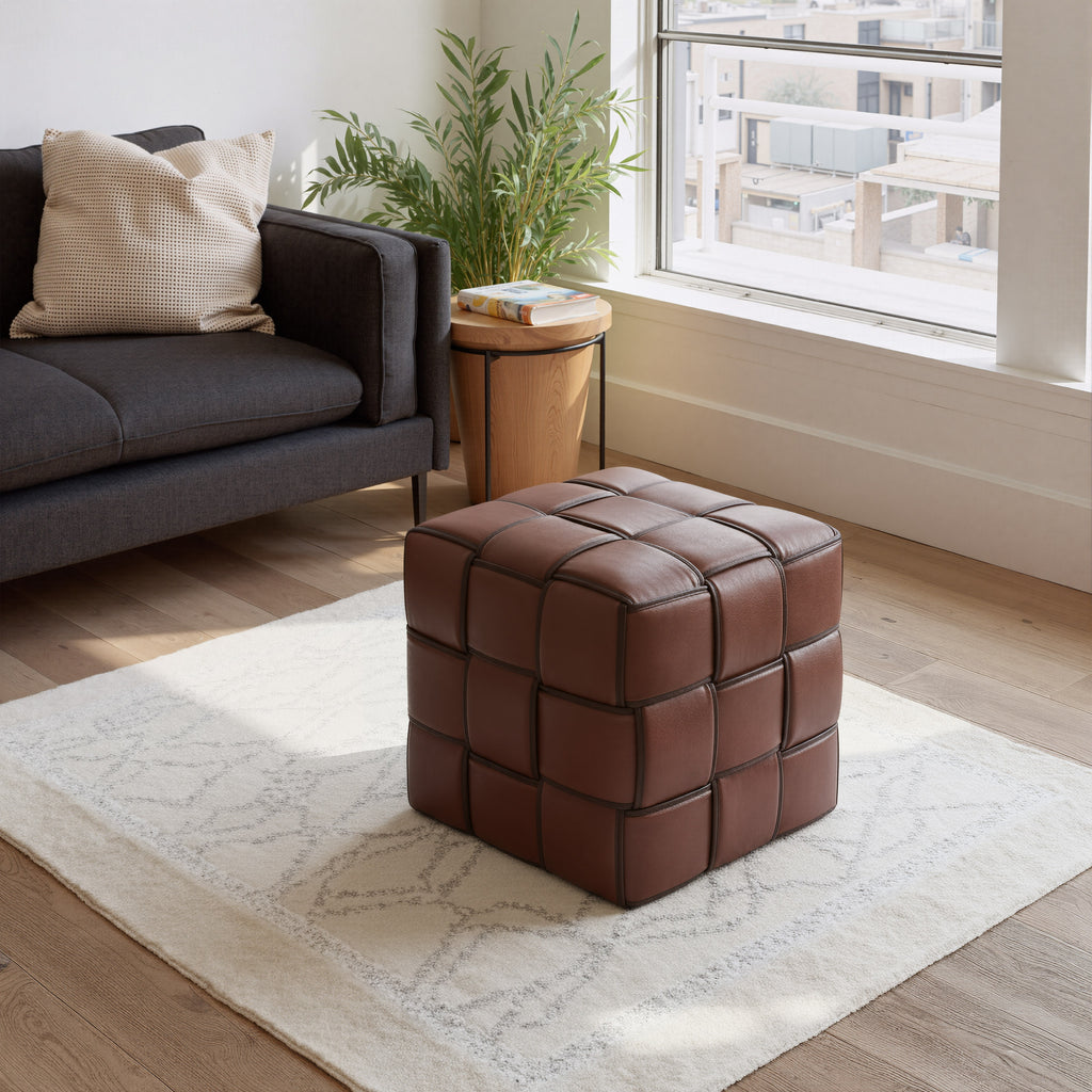 ZUO Zare Ottoman — Brown Faux Leather Cube, 330 lb Capacity, No Assembly Required