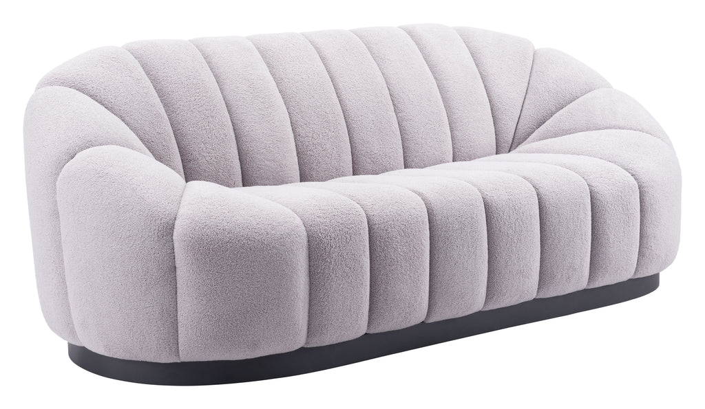 ZUO Bhutan Sofa — Light Gray Shearling Fabric, 84.6" Glam Modern, Black Steel Base, 440 lb Capacity
