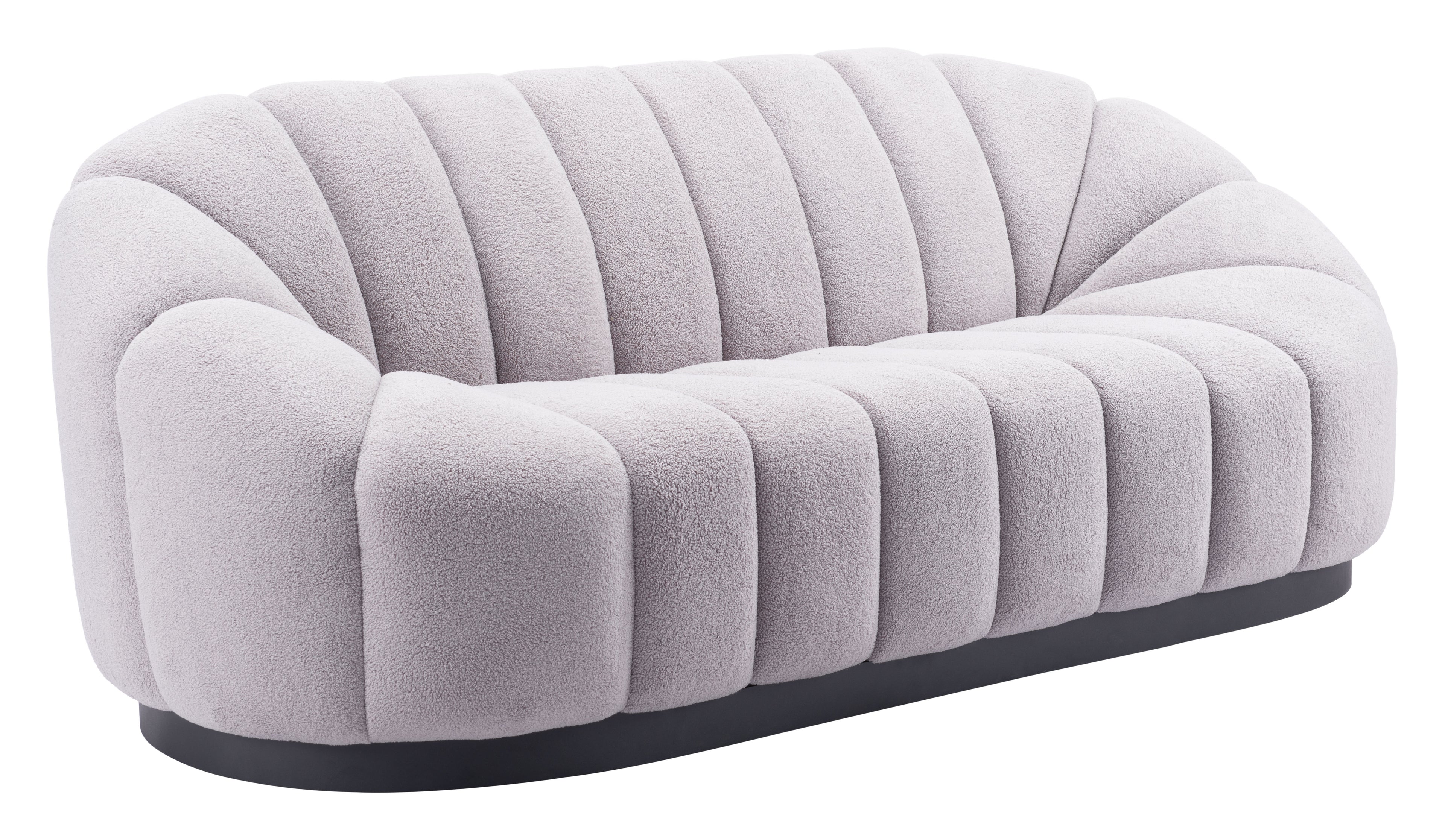 ZUO Bhutan Sofa — Light Gray Shearling Fabric, 84.6" Glam Modern, Black Steel Base, 440 lb Capacity