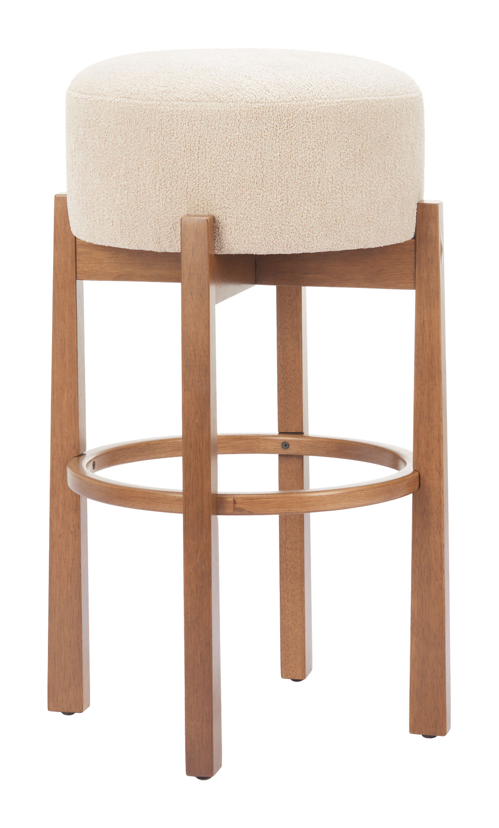 ZUO Nade Barstool — Beige Textured Fabric, Walnut Rubberwood Legs, Counter Height 29.9"