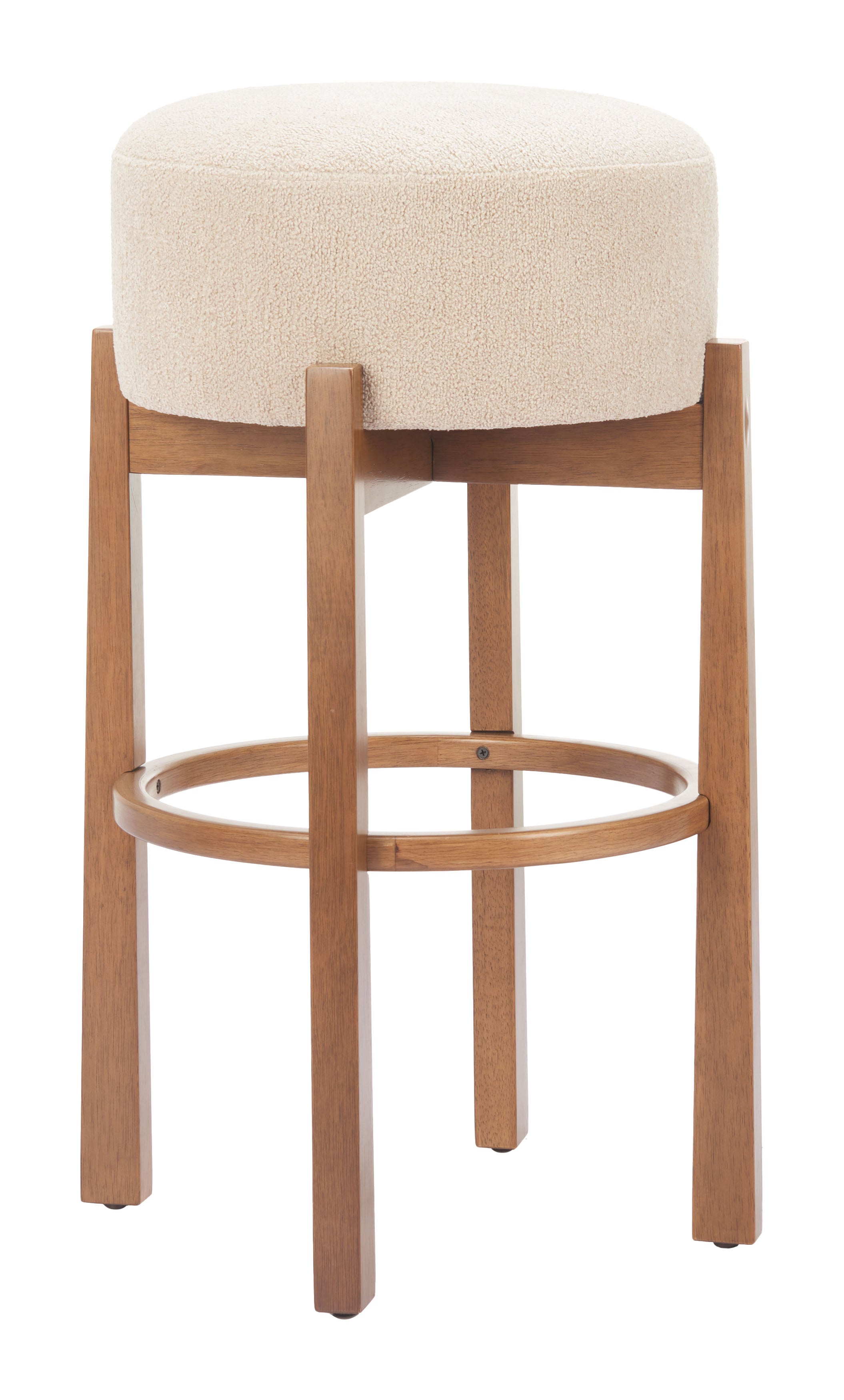 ZUO Nade Barstool — Beige Textured Fabric, Walnut Rubberwood Legs, Counter Height 29.9"