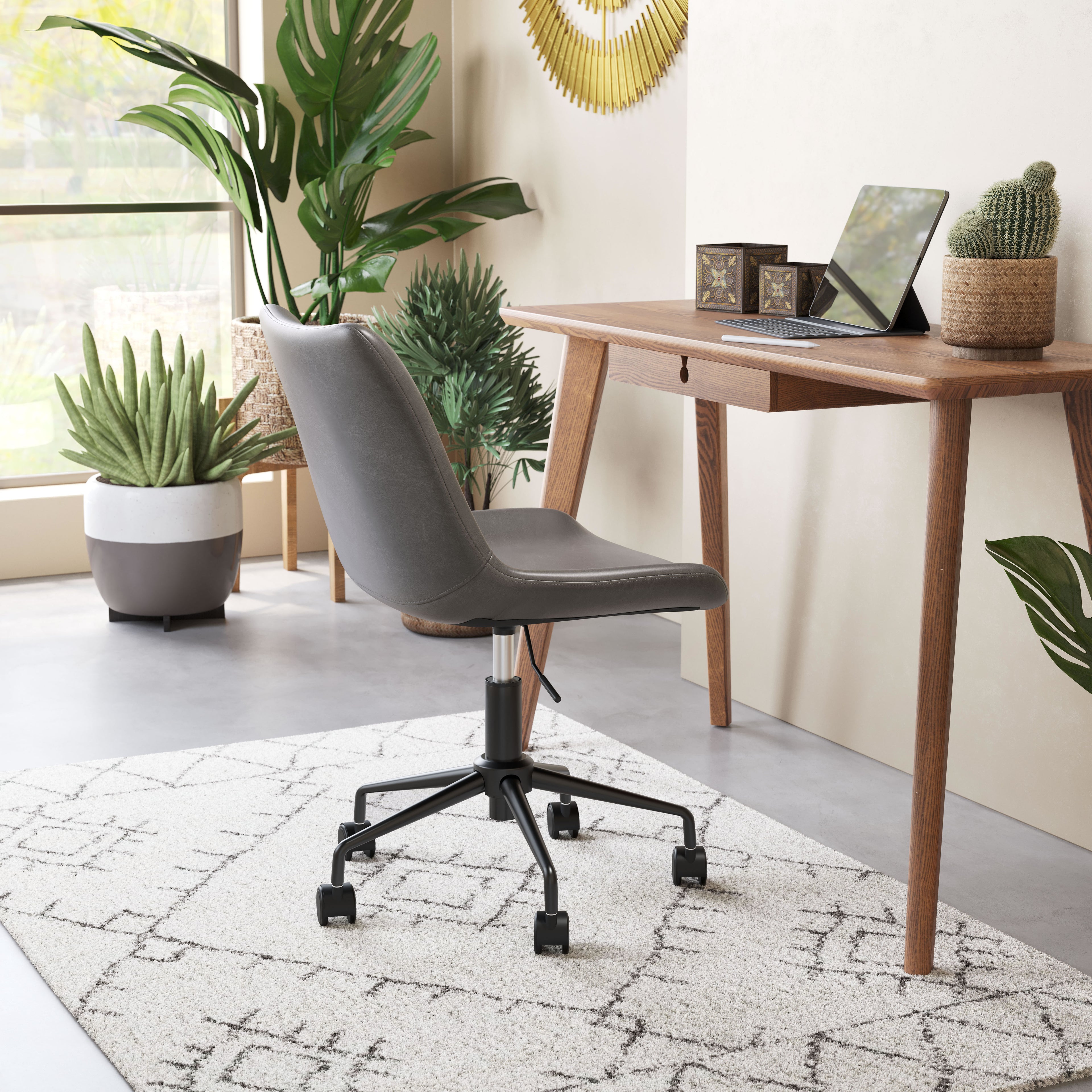 ZUO Byron Mid-Century Office Chair — Gray Faux Leather, Adjustable Height, Black Powder Coated Steel