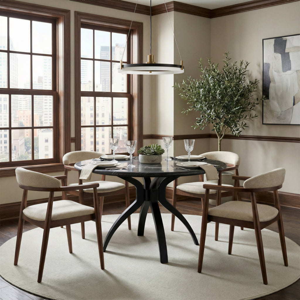 ZUO Sumay Round Dining Table — Black Faux Marble HPL Top, 50" Diameter, Painted Steel Base