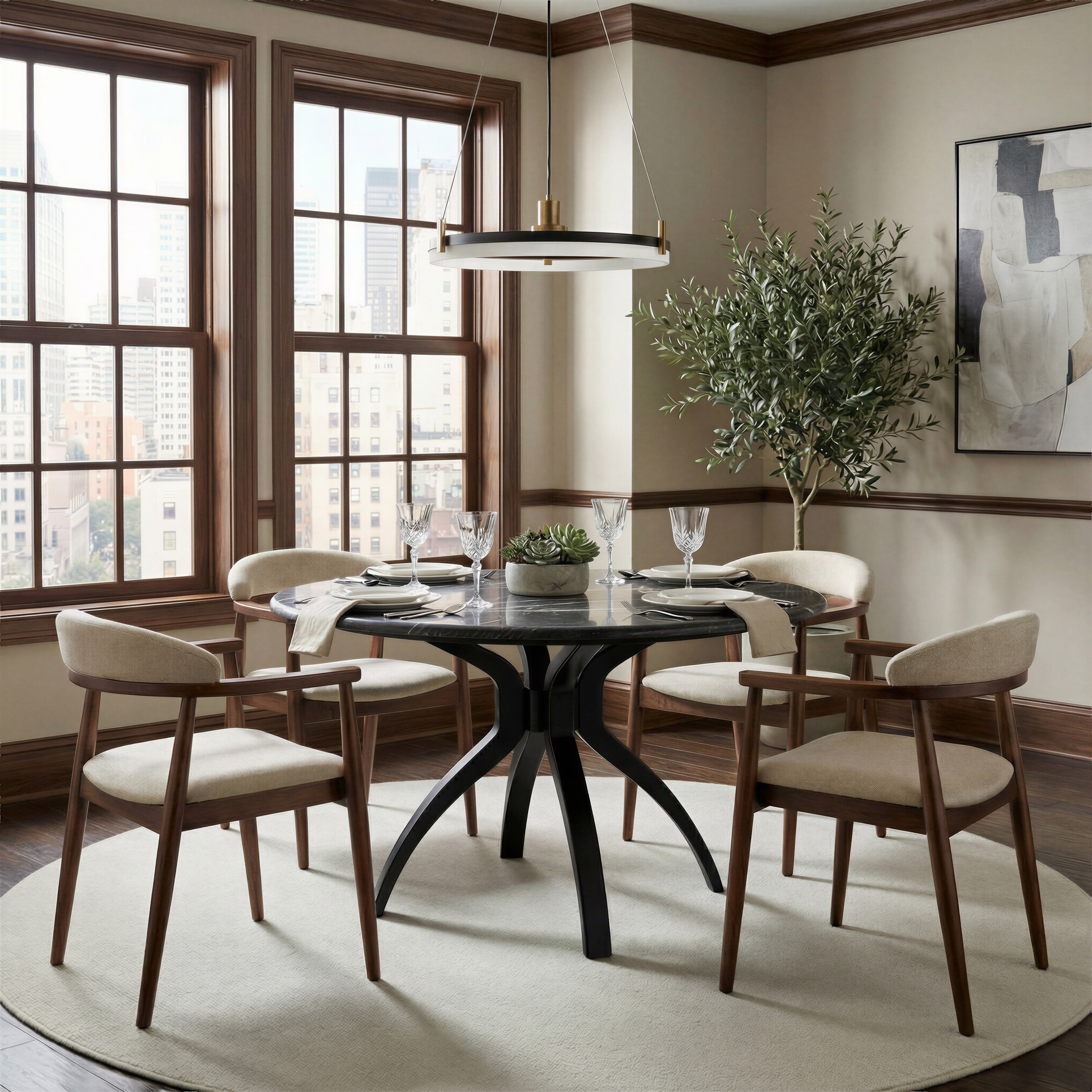 ZUO Sumay Round Dining Table — Black Faux Marble HPL Top, 50" Diameter, Painted Steel Base