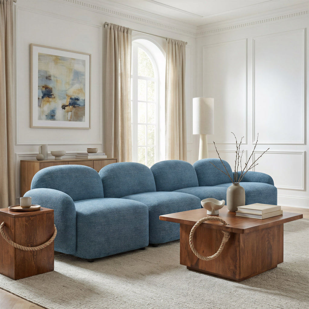ZUO Cleo Modular Sofa — Blue Textured Fabric, 100.8" Sectional, Black Rubberwood Legs