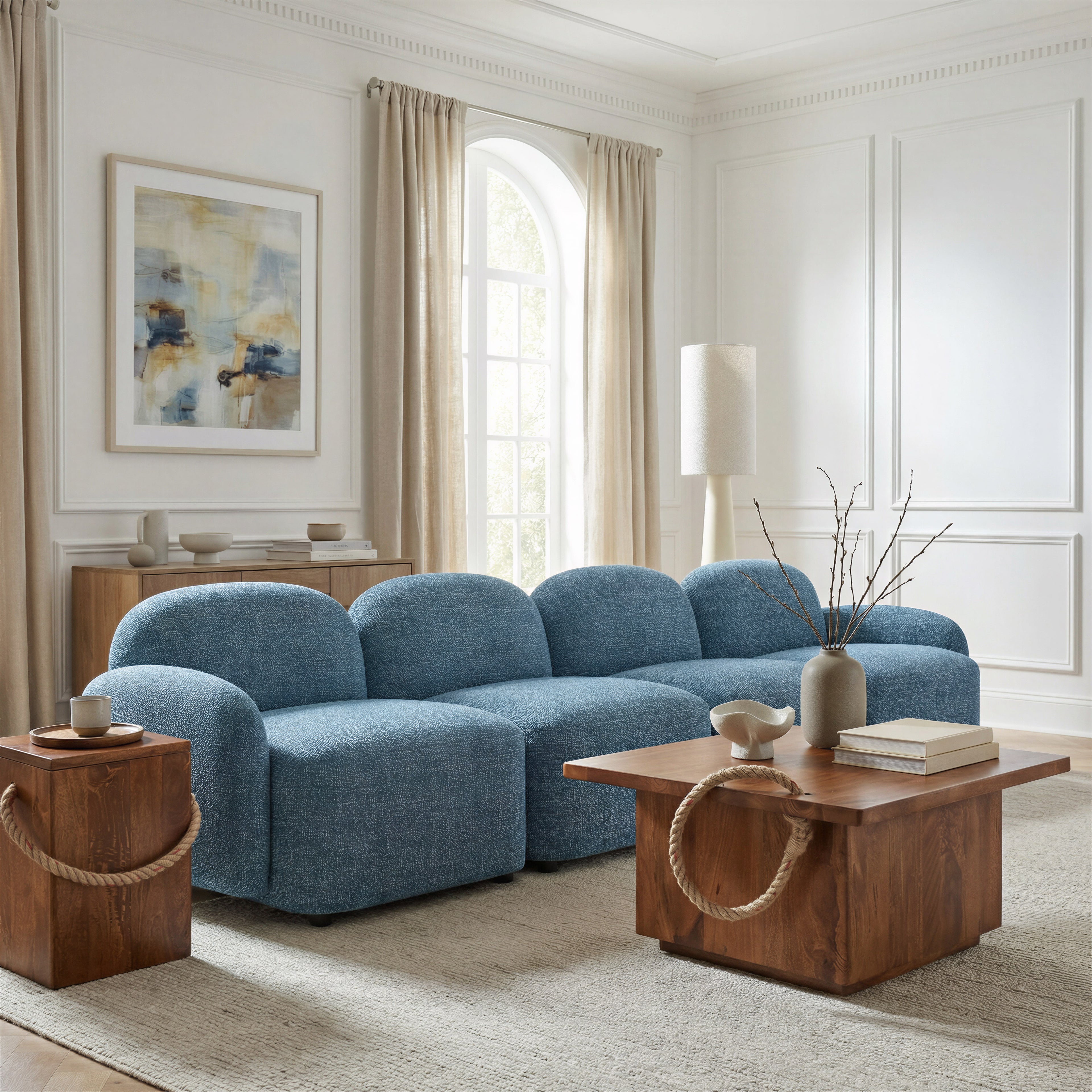 ZUO Cleo Modular Sofa — Blue Textured Fabric, 100.8" Sectional, Black Rubberwood Legs