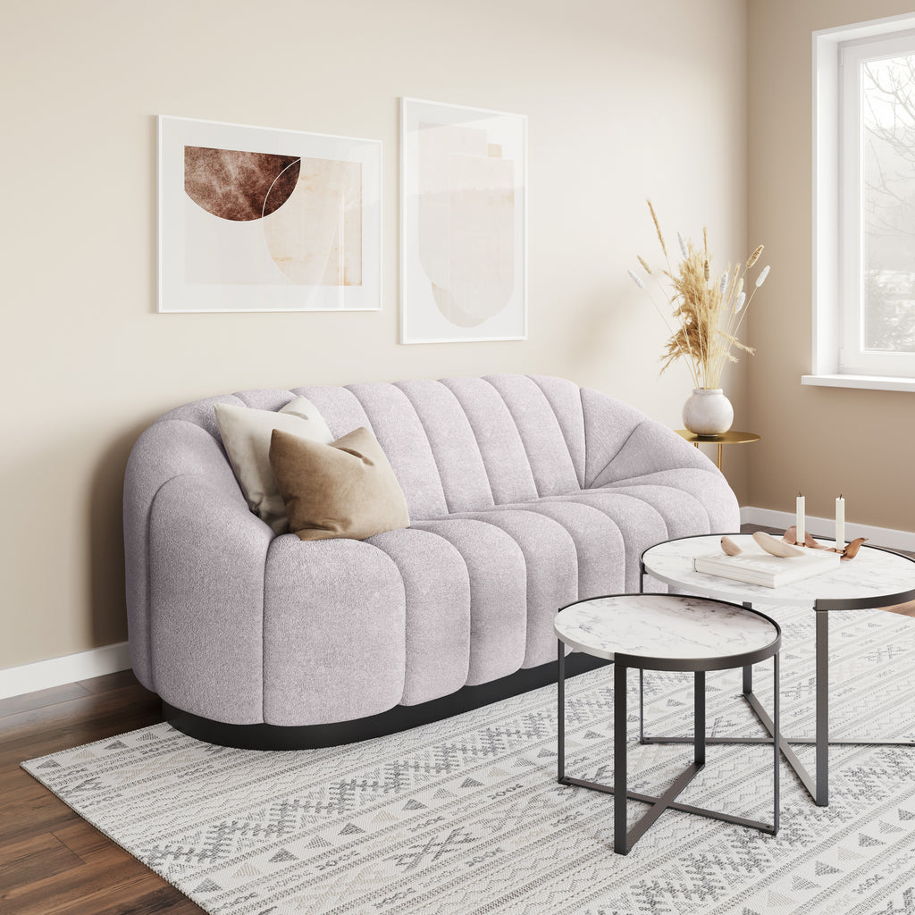 ZUO Bhutan Sofa — Light Gray Shearling Fabric, 84.6" Glam Modern, Black Steel Base, 440 lb Capacity