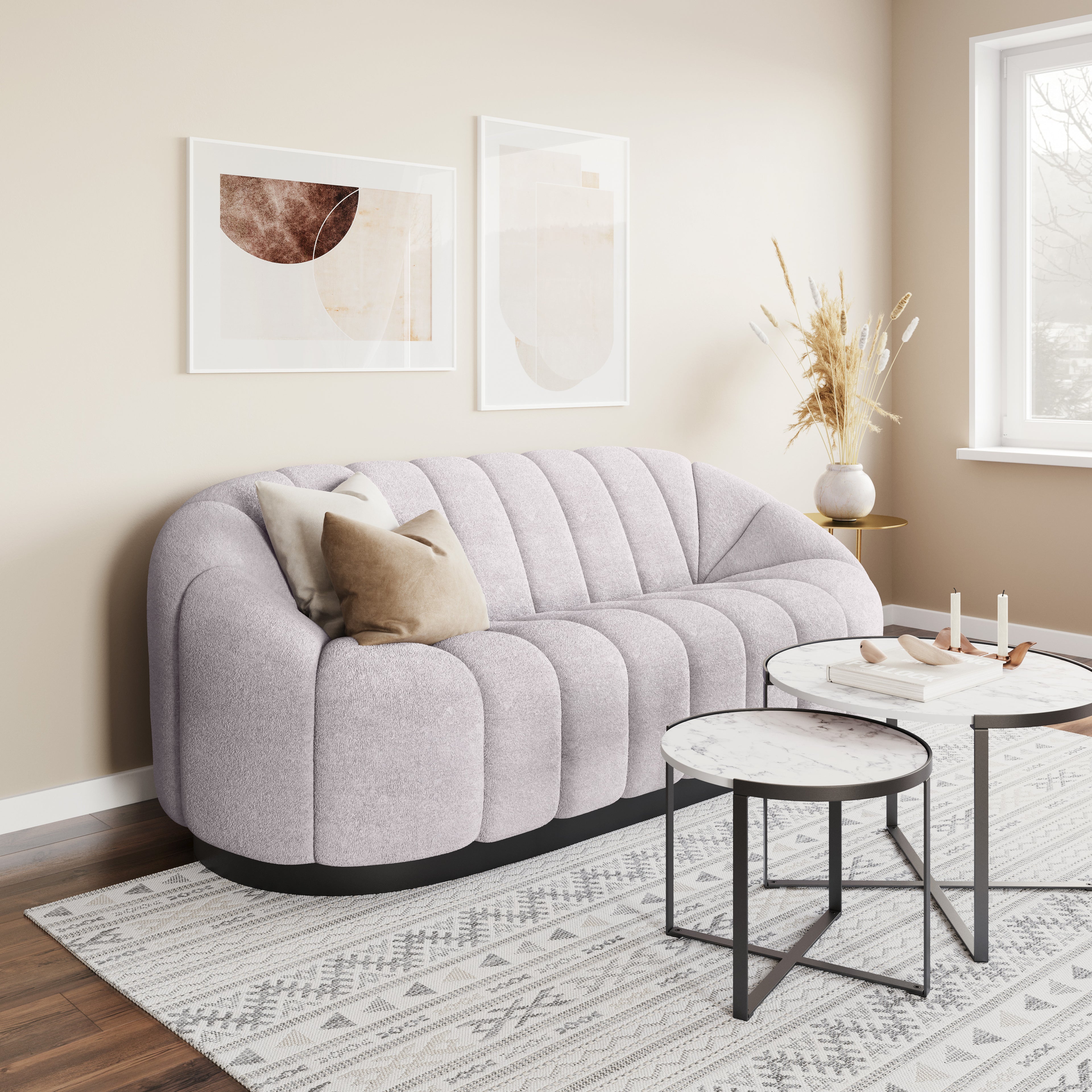 ZUO Bhutan Sofa — Light Gray Shearling Fabric, 84.6" Glam Modern, Black Steel Base, 440 lb Capacity