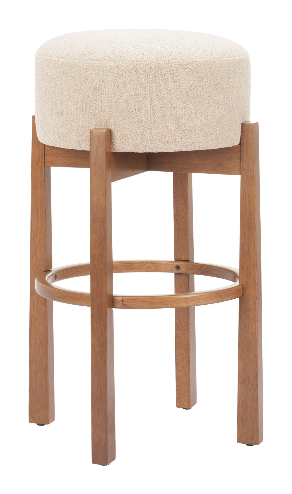 ZUO Nade Barstool — Beige Textured Fabric, Walnut Rubberwood Legs, Counter Height 29.9"
