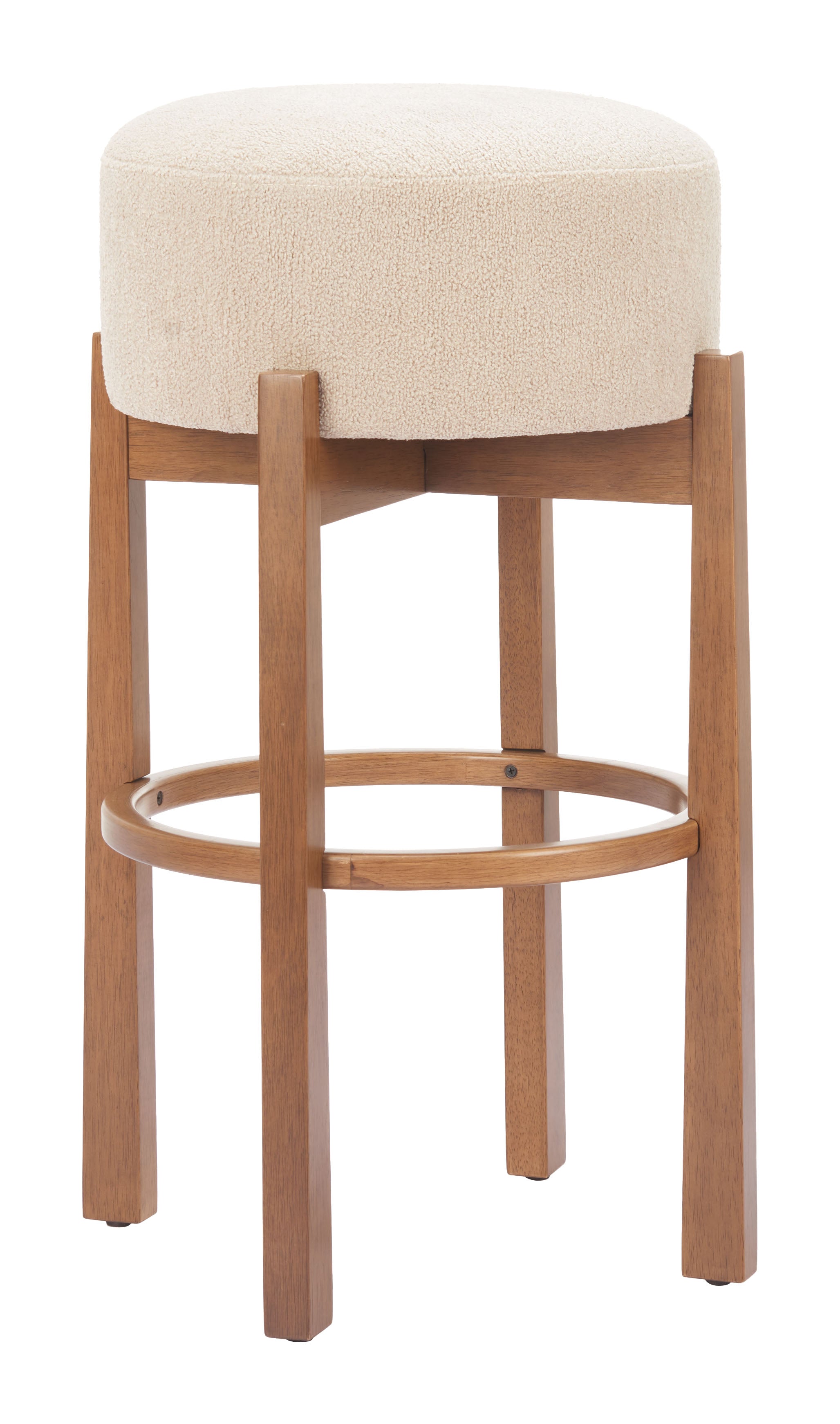 ZUO Nade Barstool — Beige Textured Fabric, Walnut Rubberwood Legs, Counter Height 29.9"