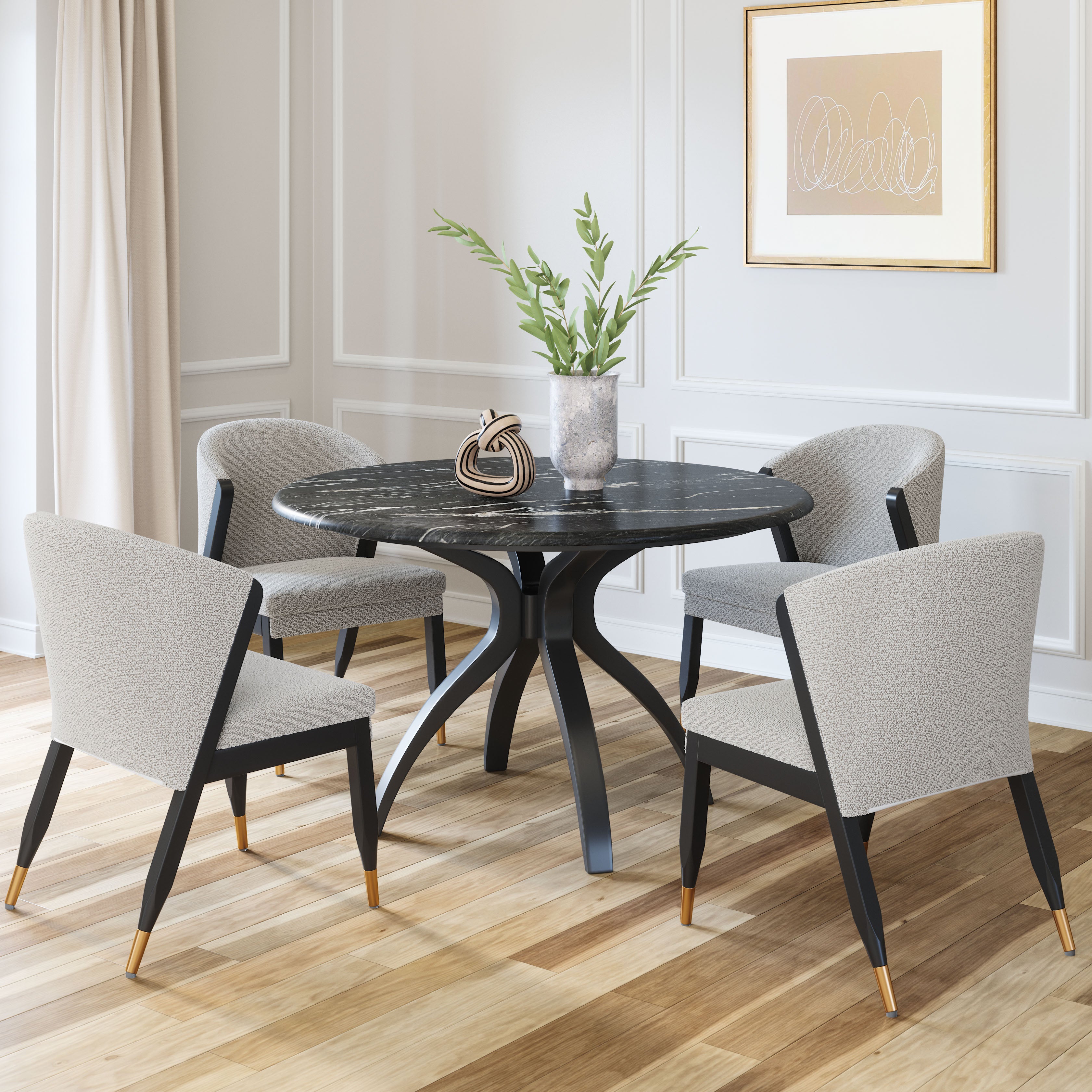 ZUO Sumay Round Dining Table — Black Faux Marble HPL Top, 50" Diameter, Painted Steel Base