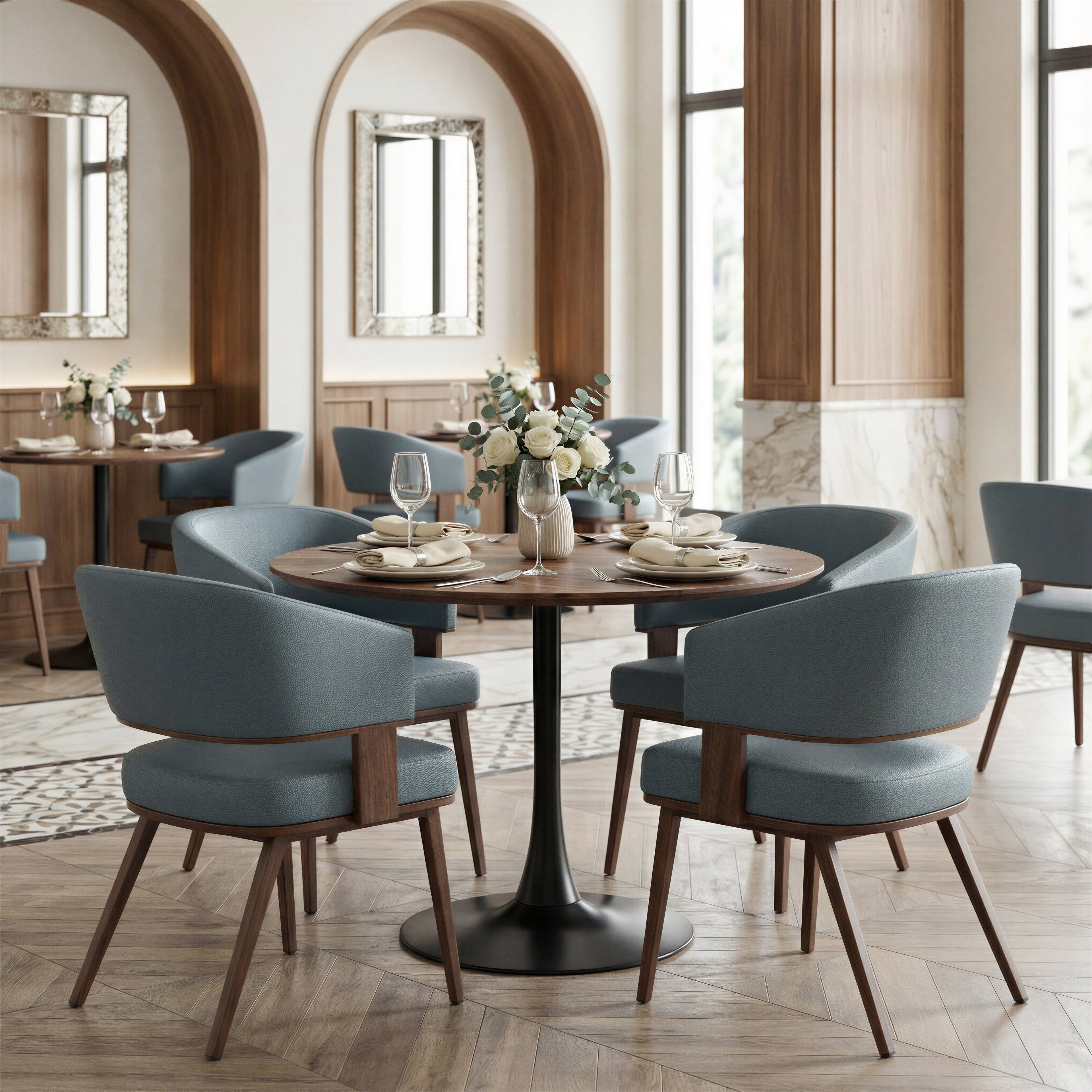 ZUO Poise Dining Chair — Azure Gray Faux Leather, Walnut Steel Frame, 330 lb Capacity