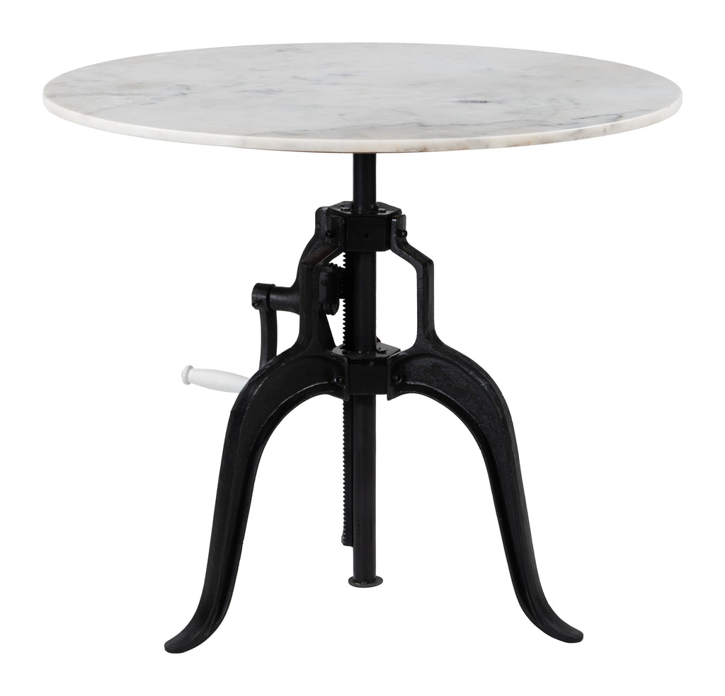 ZUO Mufid Bistro Table — Natural Marble Top, Adjustable Height, Black Iron Base