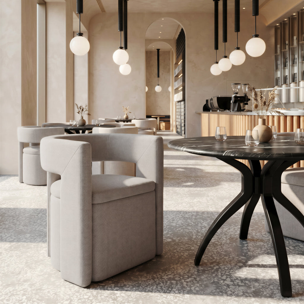 ZUO Sumay Round Dining Table — Black Faux Marble HPL Top, 50" Diameter, Painted Steel Base
