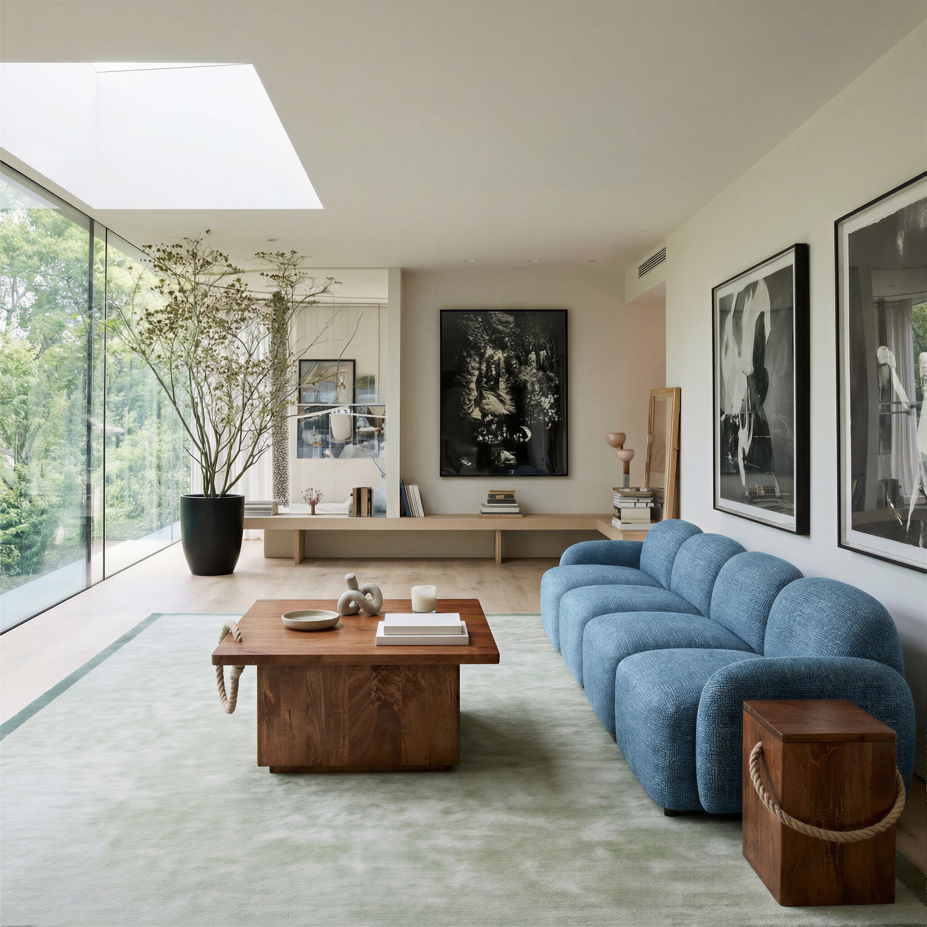 ZUO Cleo Modular Sofa — Blue Textured Fabric, 100.8" Sectional, Black Rubberwood Legs