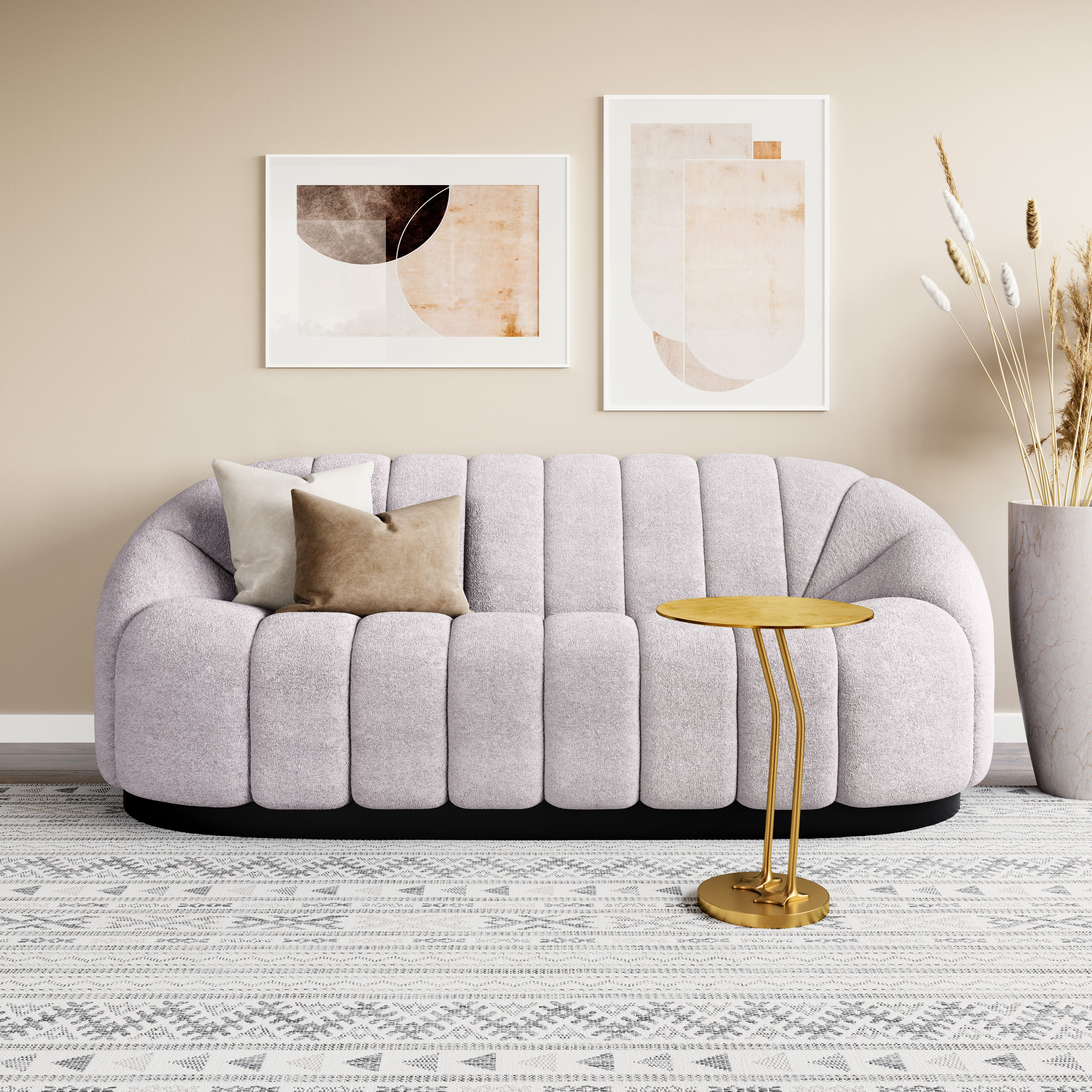 ZUO Bhutan Sofa — Light Gray Shearling Fabric, 84.6" Glam Modern, Black Steel Base, 440 lb Capacity