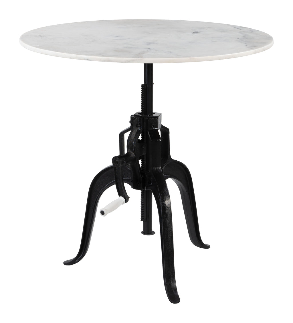 ZUO Mufid Bistro Table — Natural Marble Top, Adjustable Height, Black Iron Base