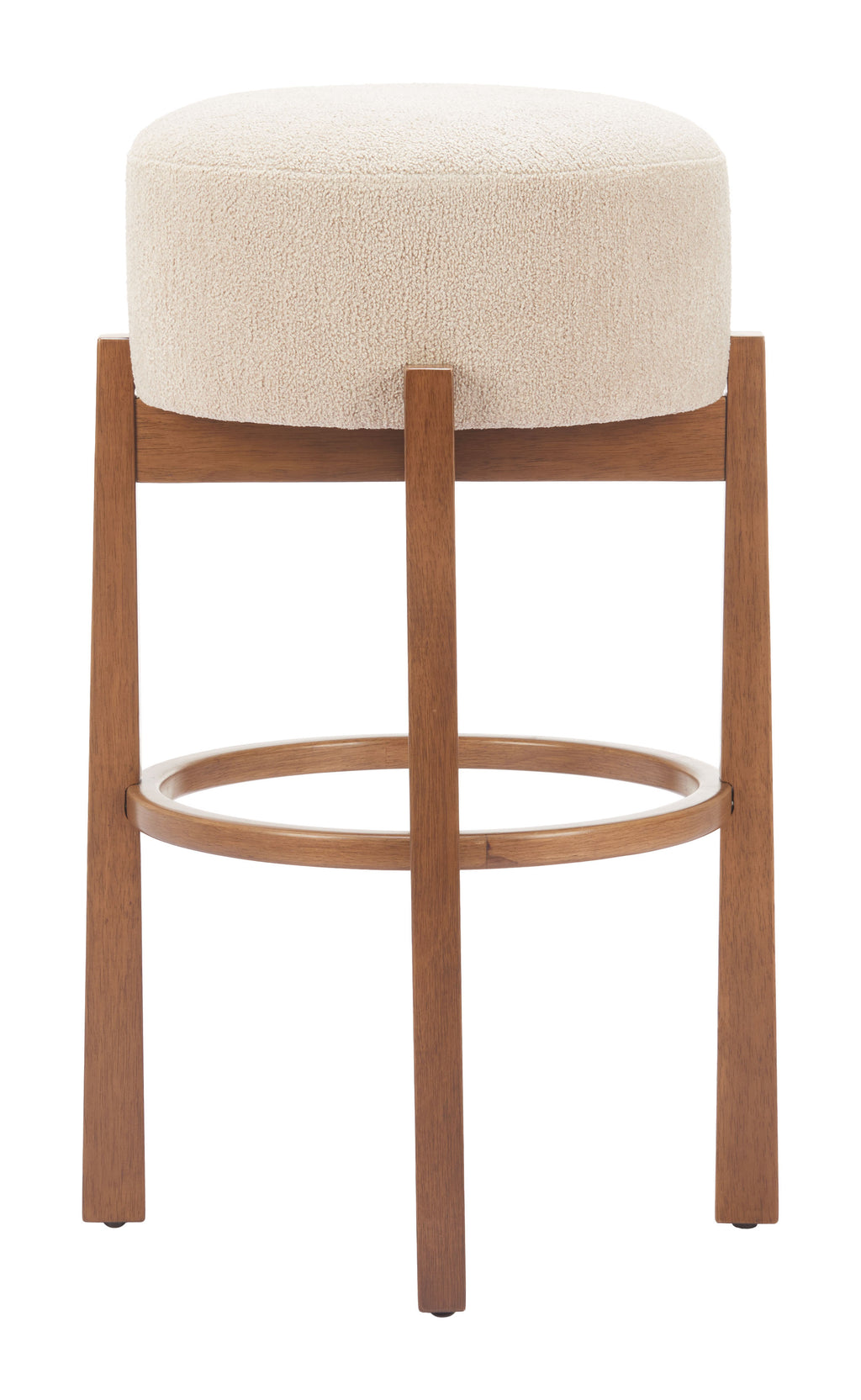 ZUO Nade Barstool — Beige Textured Fabric, Walnut Rubberwood Legs, Counter Height 29.9"