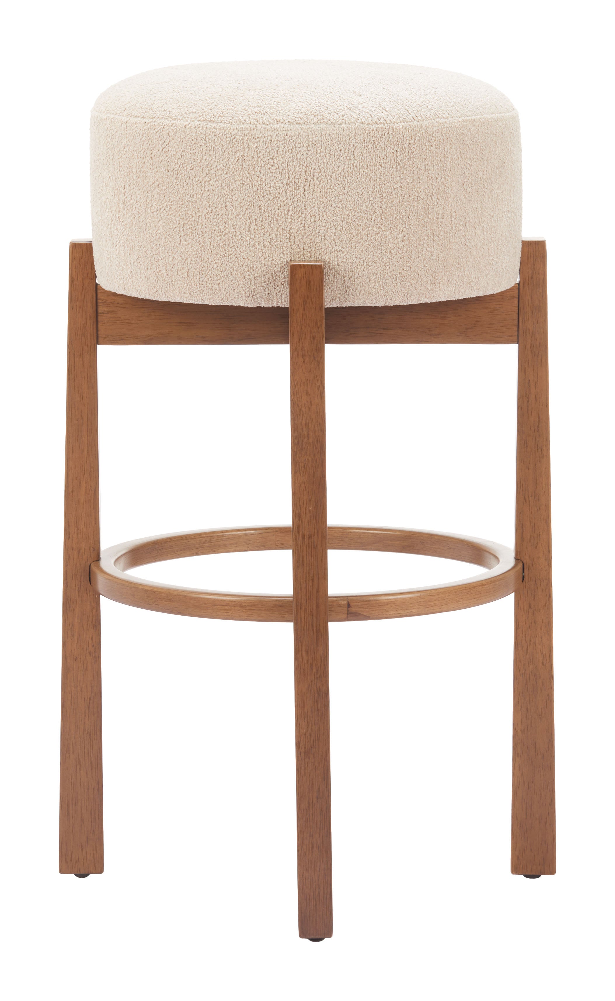 ZUO Nade Barstool — Beige Textured Fabric, Walnut Rubberwood Legs, Counter Height 29.9"