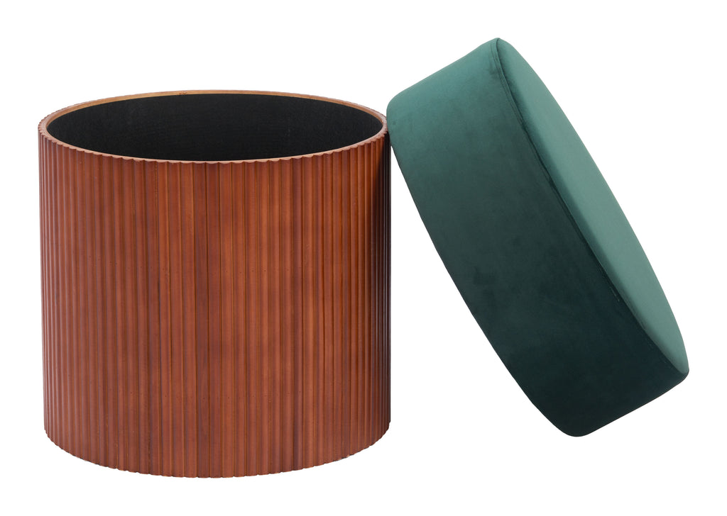 ZUO Boto Storage Ottoman — Green Velvet, Hidden Storage, Pine Wood Base, 330 lb Capacity