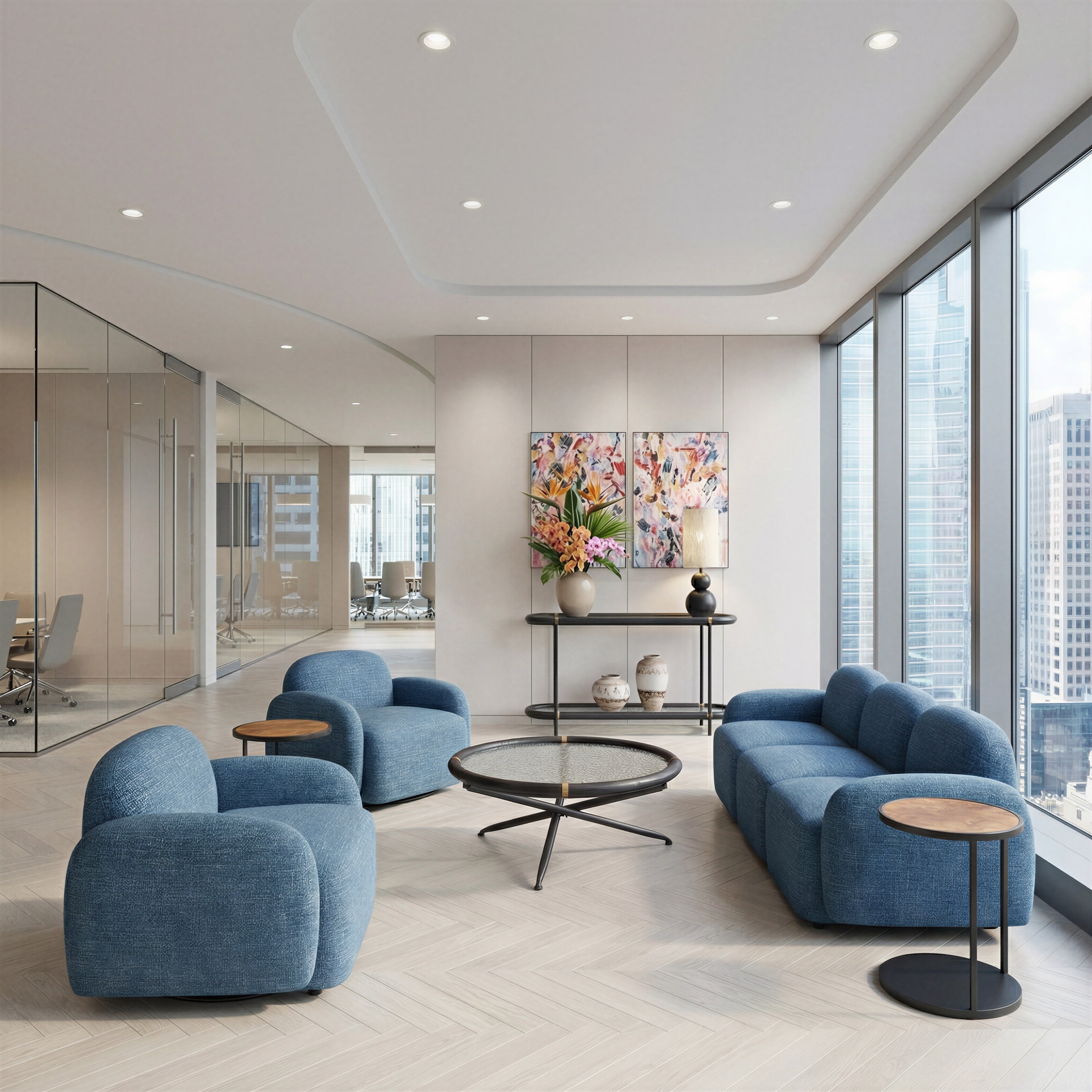 ZUO Cleo Modular Sofa — Blue Textured Fabric, 100.8" Sectional, Black Rubberwood Legs