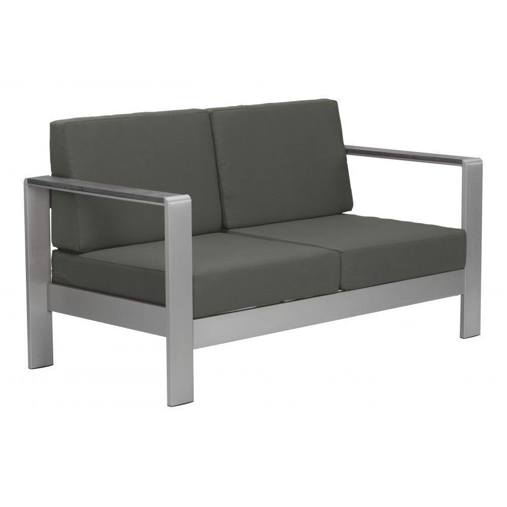 Cosmopolitan Sofa Zuo 703986 | Outdoor Olefin Fabric, Brushed, Aluminum, Faux Wood Polyethylene | Dark Gray