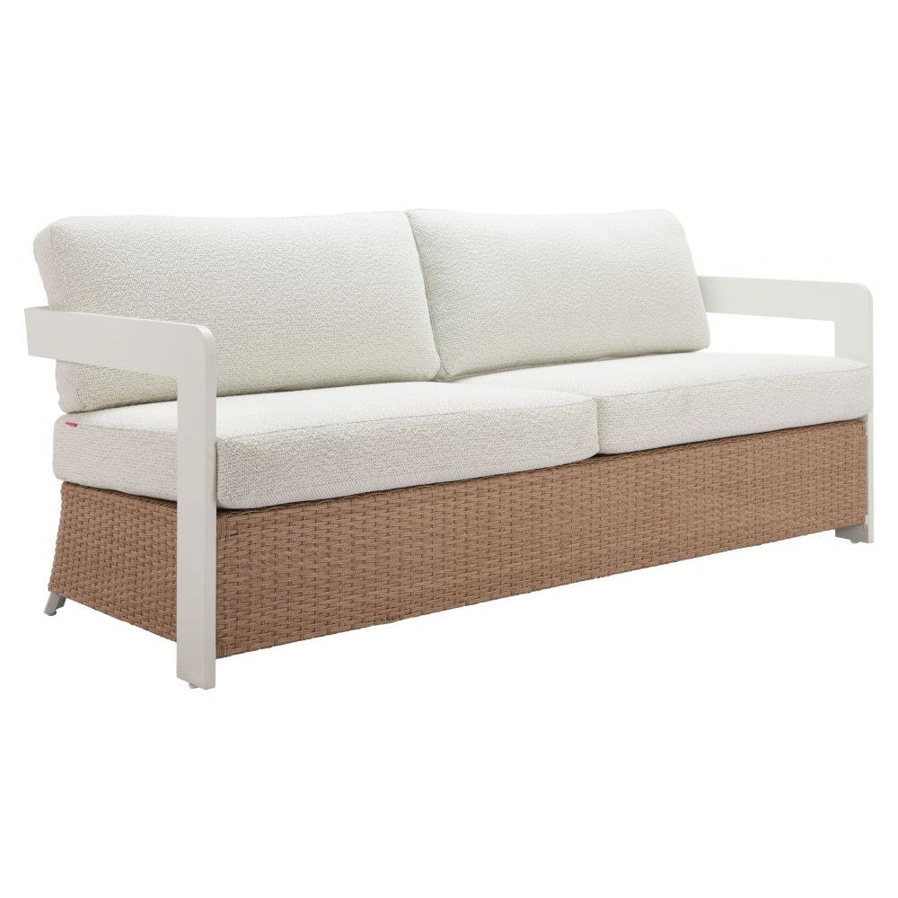Gelo Sofa Zuo 704135 | Outdoor Olefin Fabric, Powder Coated, Aluminum, Synthetic Rattan Weave | White & Brown