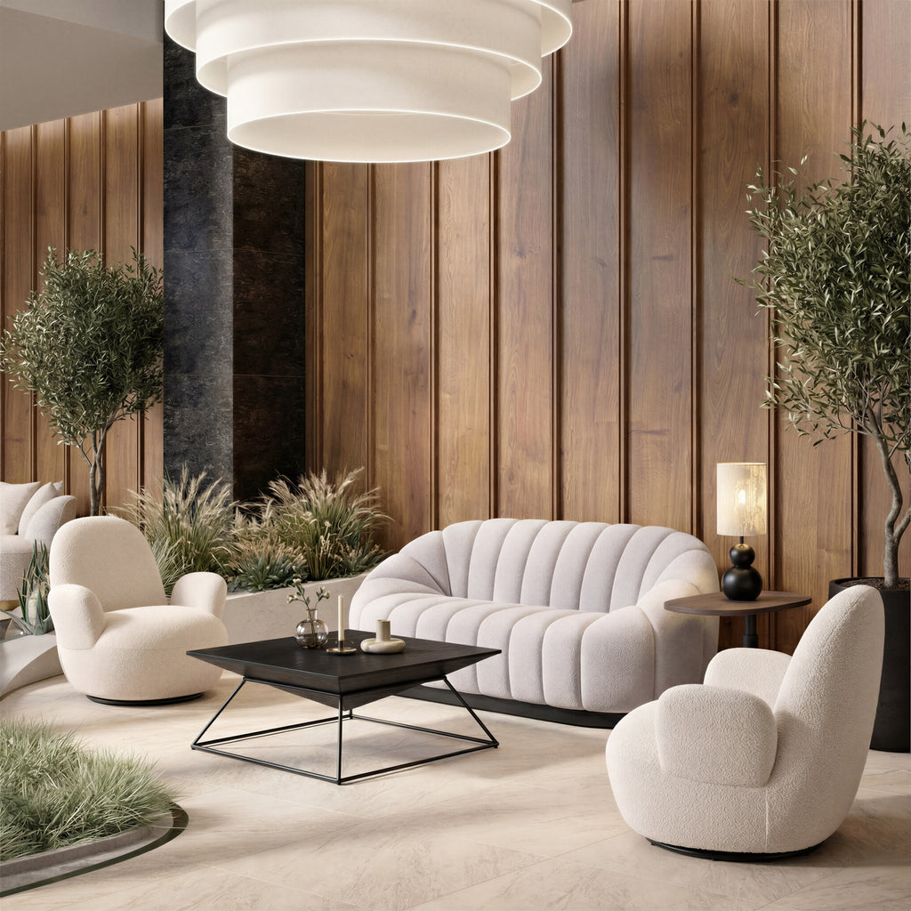 ZUO Bhutan Sofa — Light Gray Shearling Fabric, 84.6" Glam Modern, Black Steel Base, 440 lb Capacity