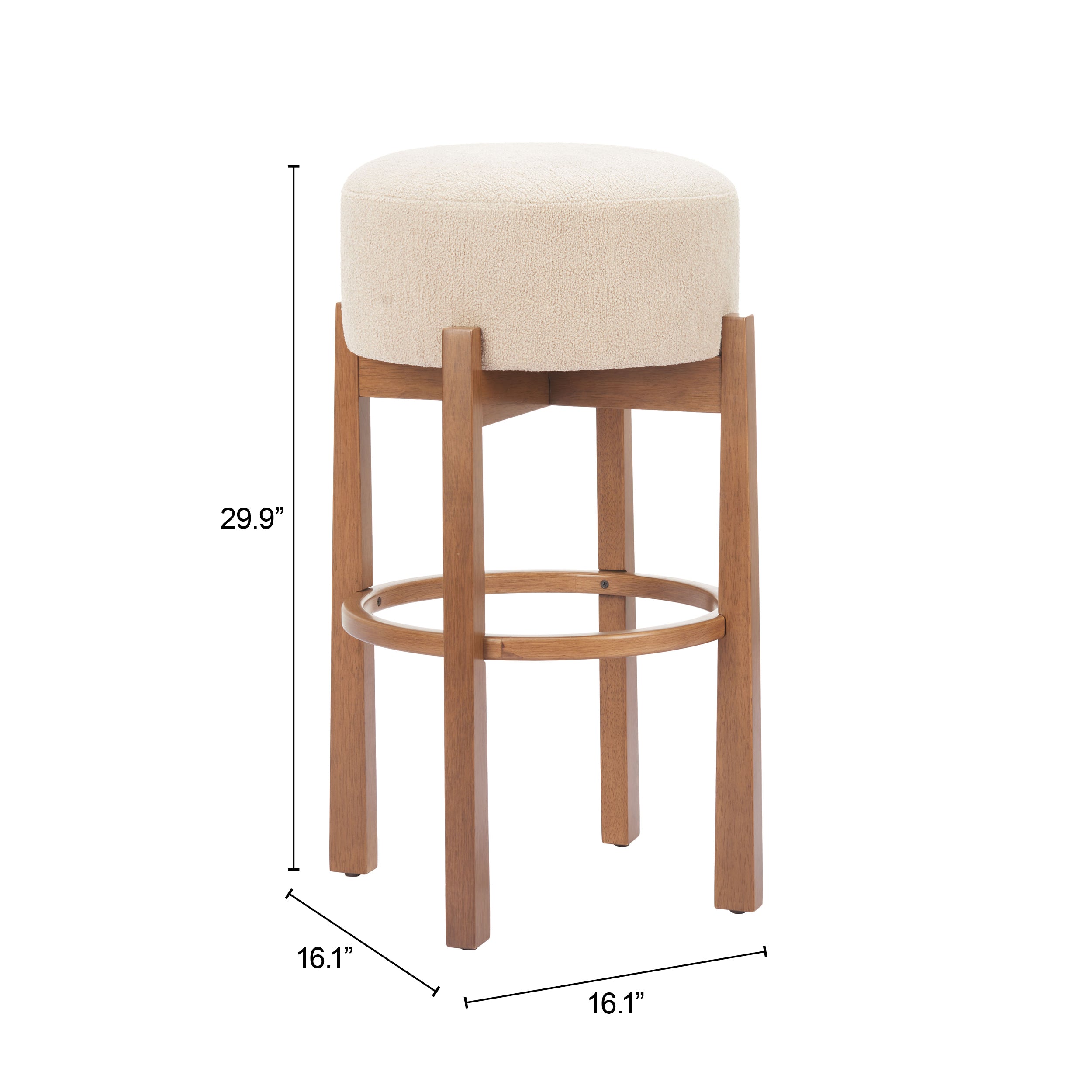 ZUO Nade Barstool — Beige Textured Fabric, Walnut Rubberwood Legs, Counter Height 29.9"