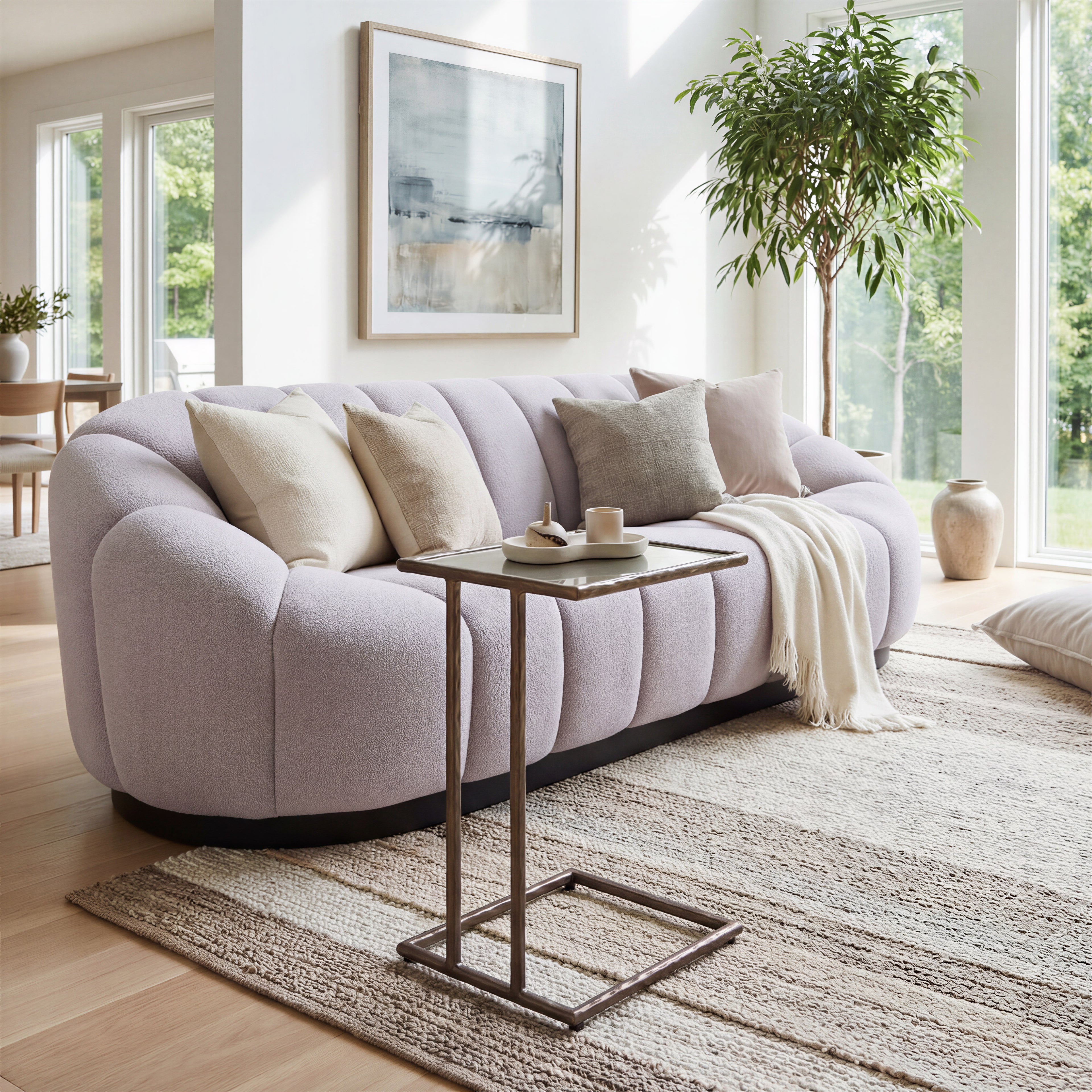 ZUO Bhutan Sofa — Light Gray Shearling Fabric, 84.6" Glam Modern, Black Steel Base, 440 lb Capacity